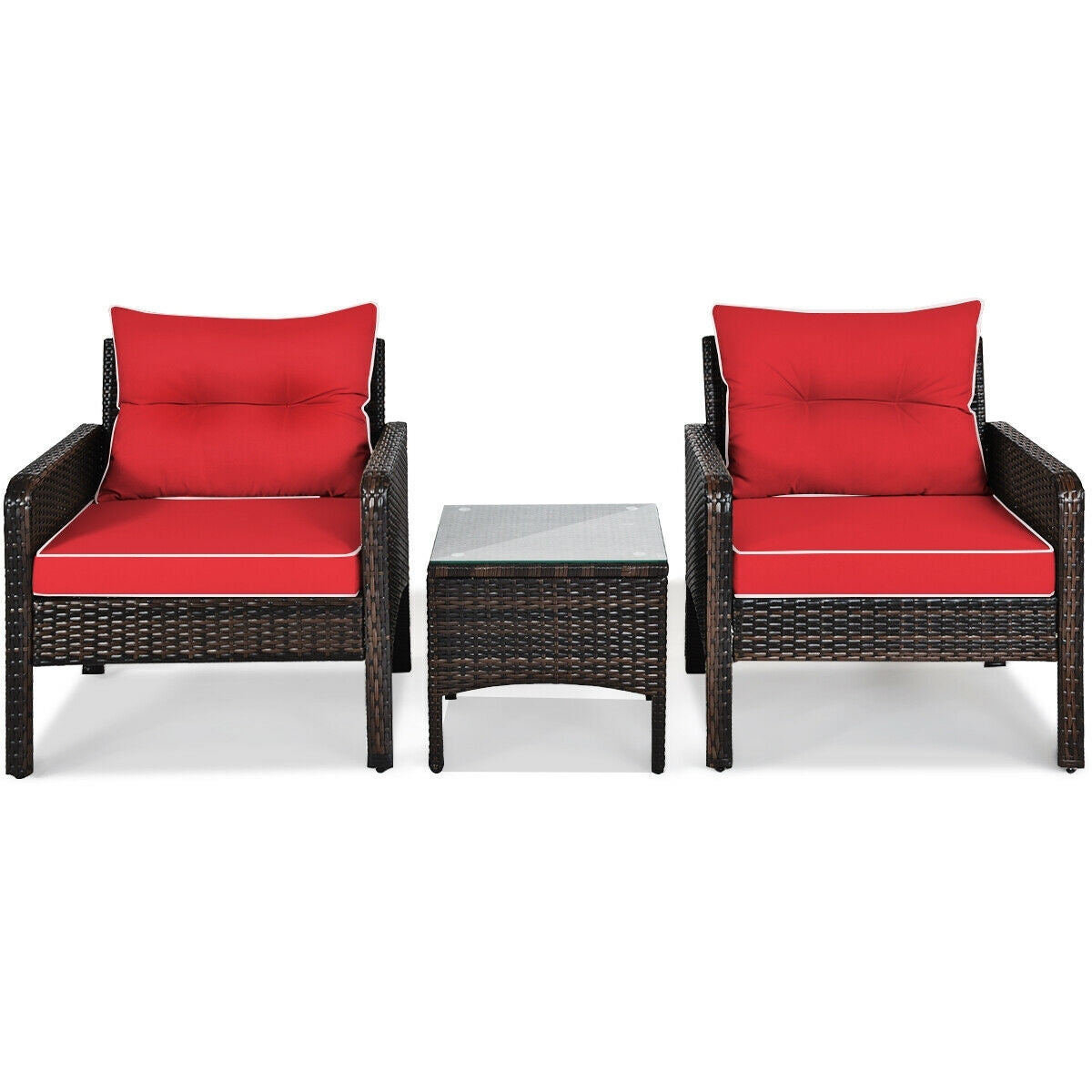 3 Pcs Outdoor Rattan Conversation Set, With Seat Cushions, Red Patio Conversation Sets at Gallery Canada
