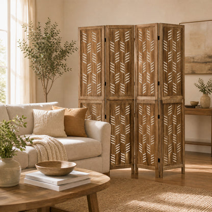 5.5 FT Room Divider 4 Panels, Wave Cutout, Brown