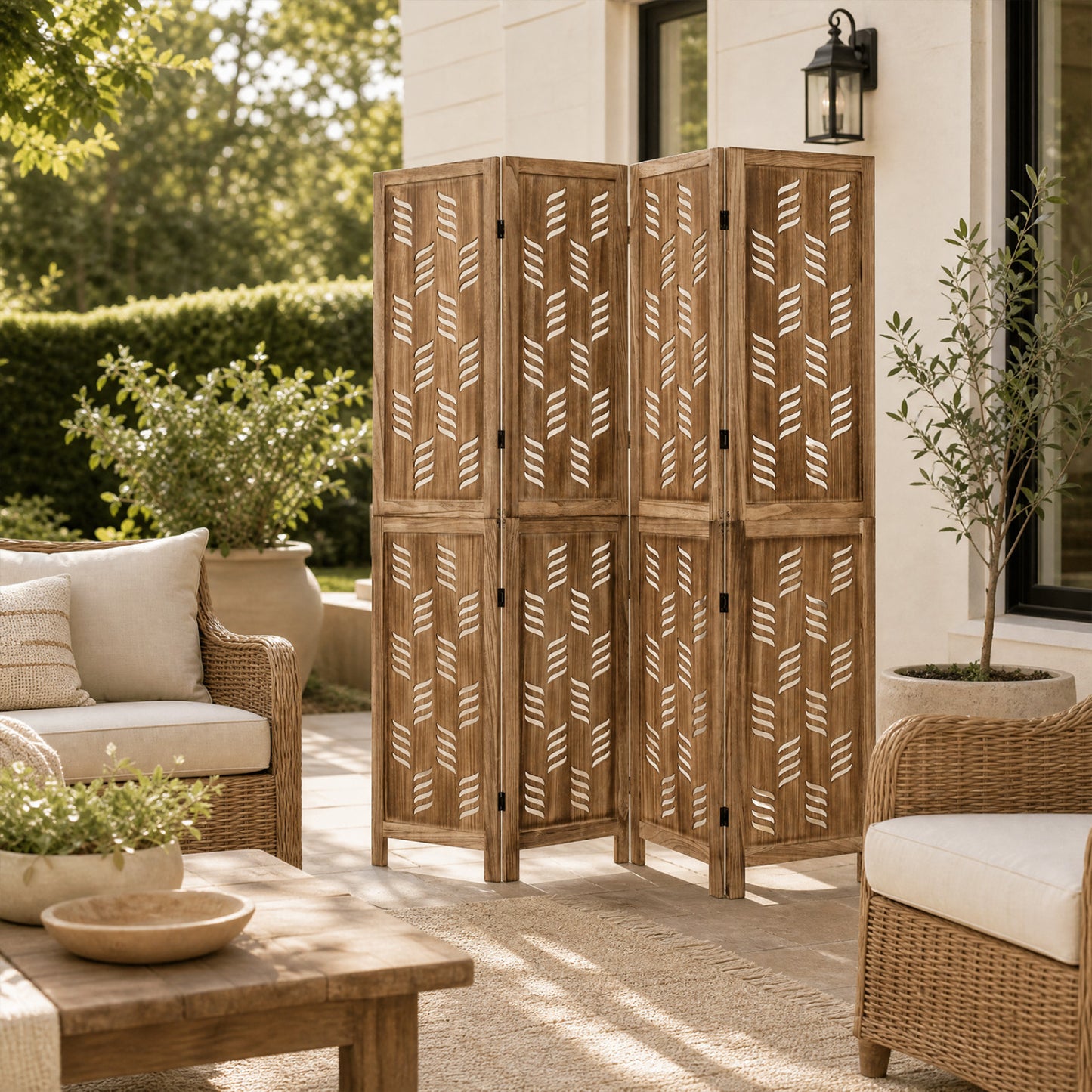 5.5 FT Room Divider 4 Panels, Wave Cutout, Brown