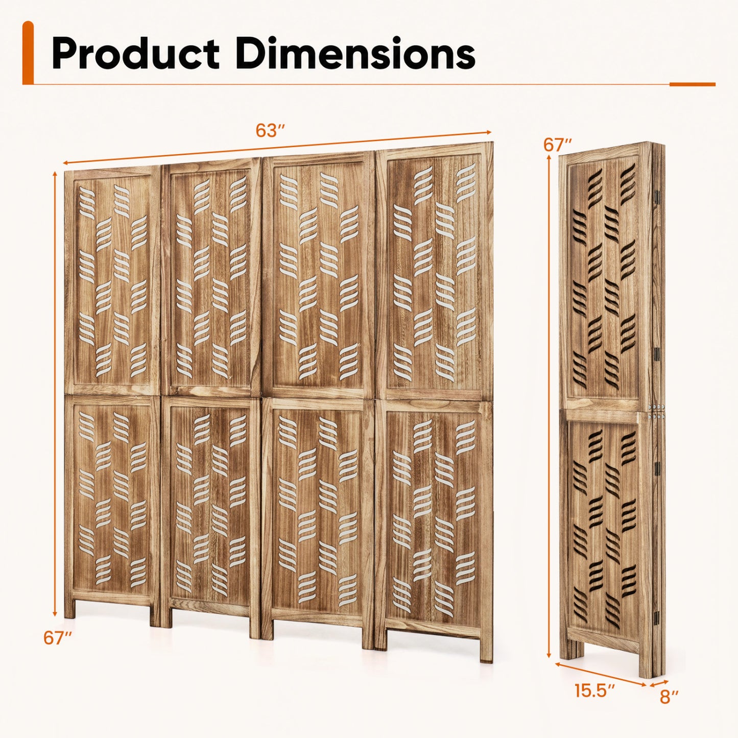 5.5 FT Room Divider 4 Panels, Wave Cutout, Brown