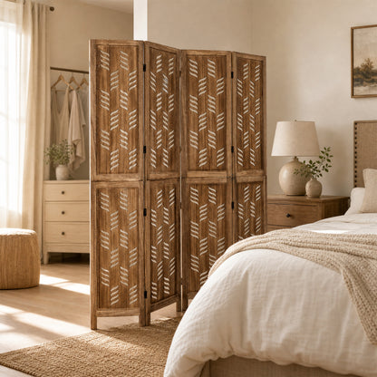5.5 FT Room Divider 4 Panels, Wave Cutout, Brown