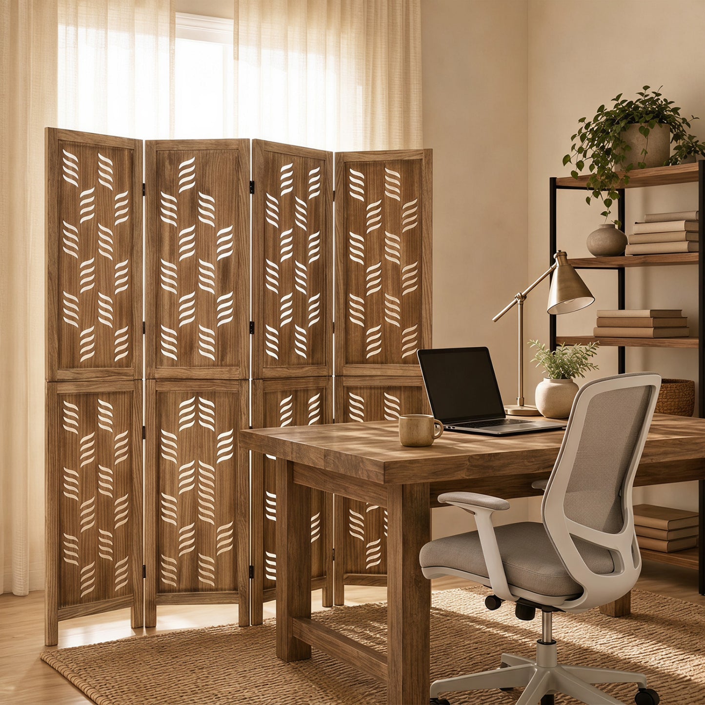5.5 FT Room Divider 4 Panels, Wave Cutout, Brown