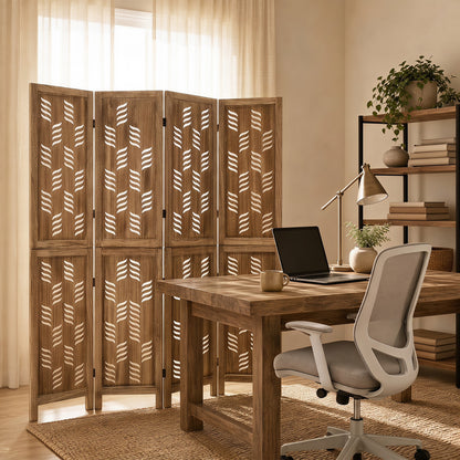 5.5 FT Room Divider 4 Panels, Wave Cutout, Brown