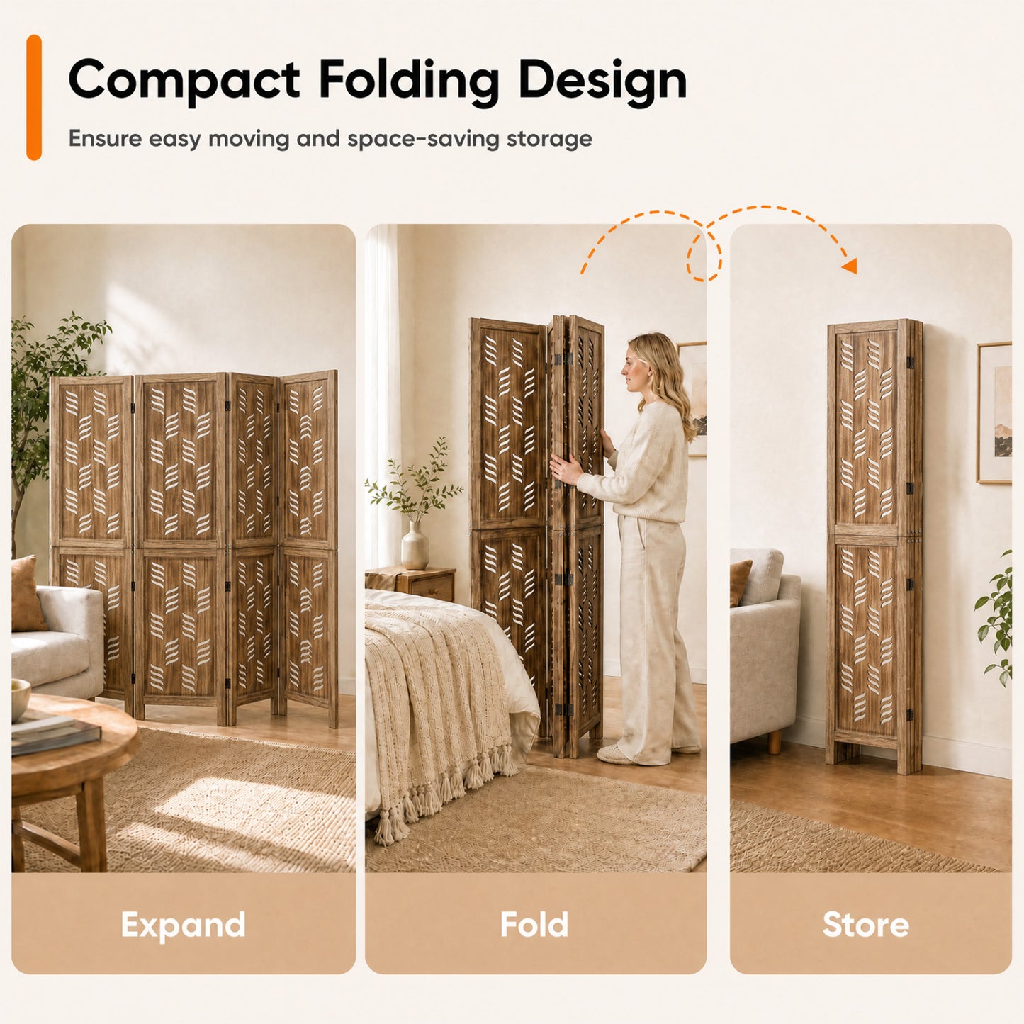 5.5 FT Room Divider 4 Panels, Wave Cutout, Brown