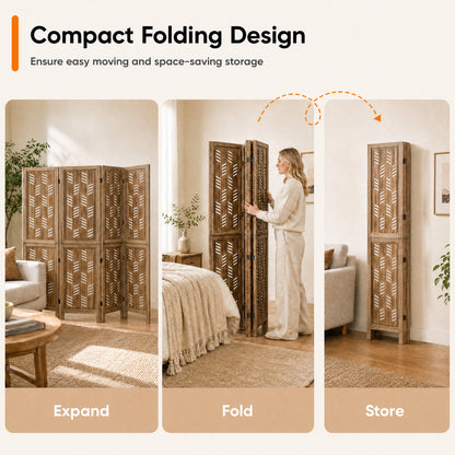 5.5 FT Room Divider 4 Panels, Wave Cutout, Brown