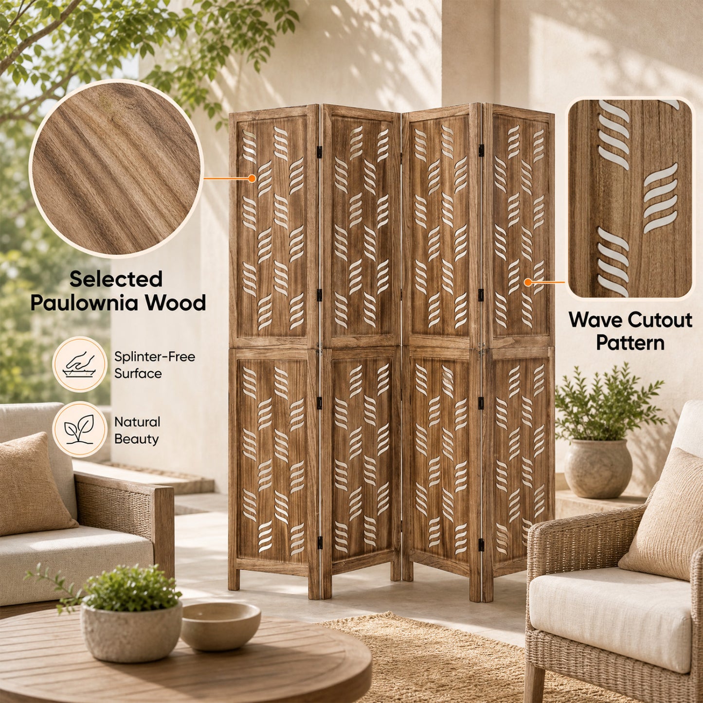 5.5 FT Room Divider 4 Panels, Wave Cutout, Brown