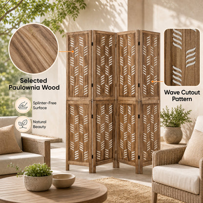 5.5 FT Room Divider 4 Panels, Wave Cutout, Brown