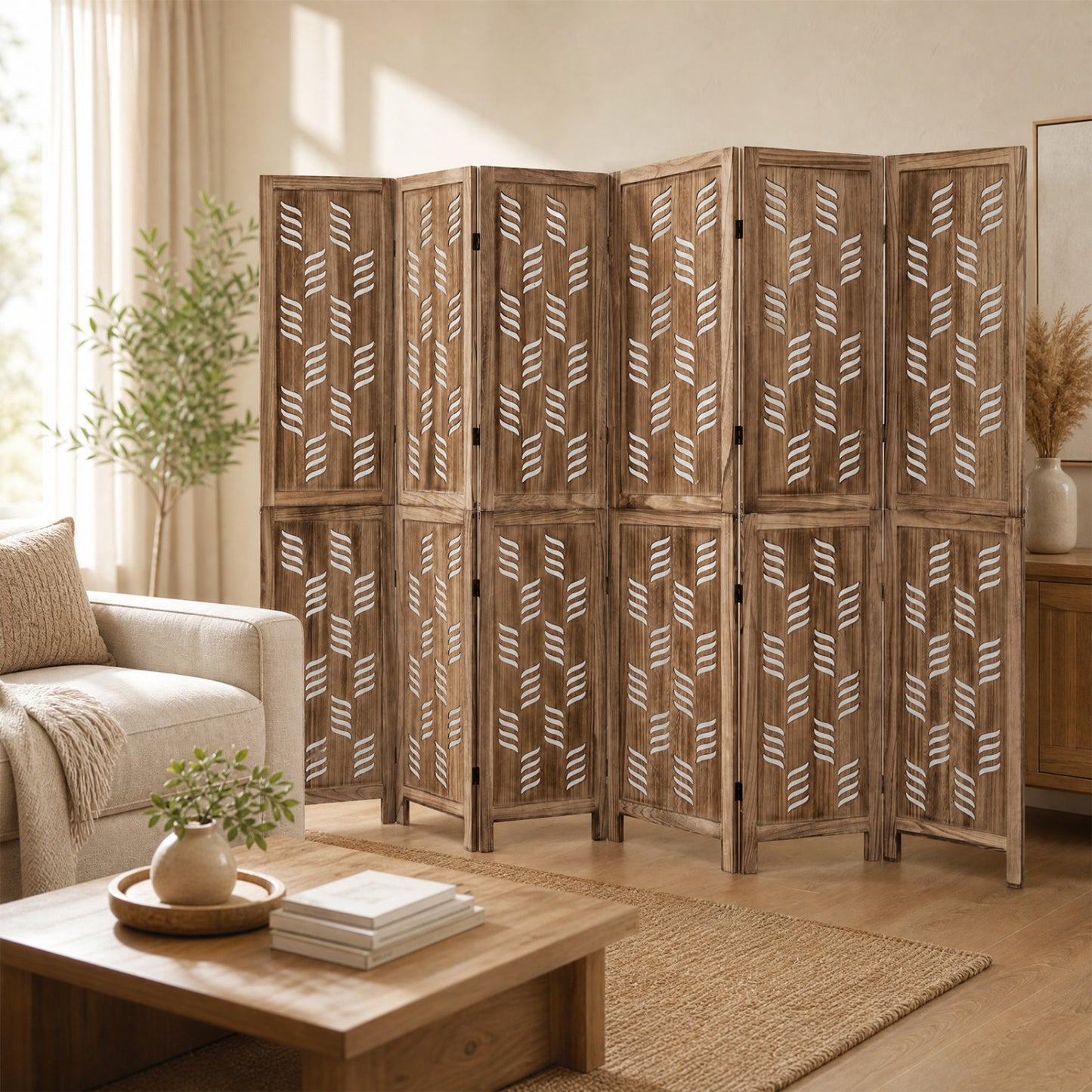 6-Panel Room Divider with Wave Cutout, 5.5 FT, Brown