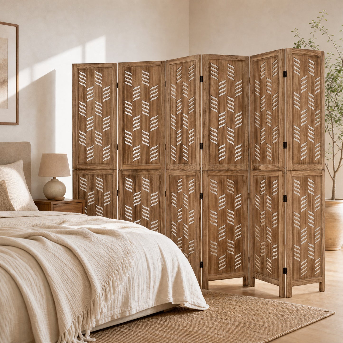 6-Panel Room Divider with Wave Cutout, 5.5 FT, Brown