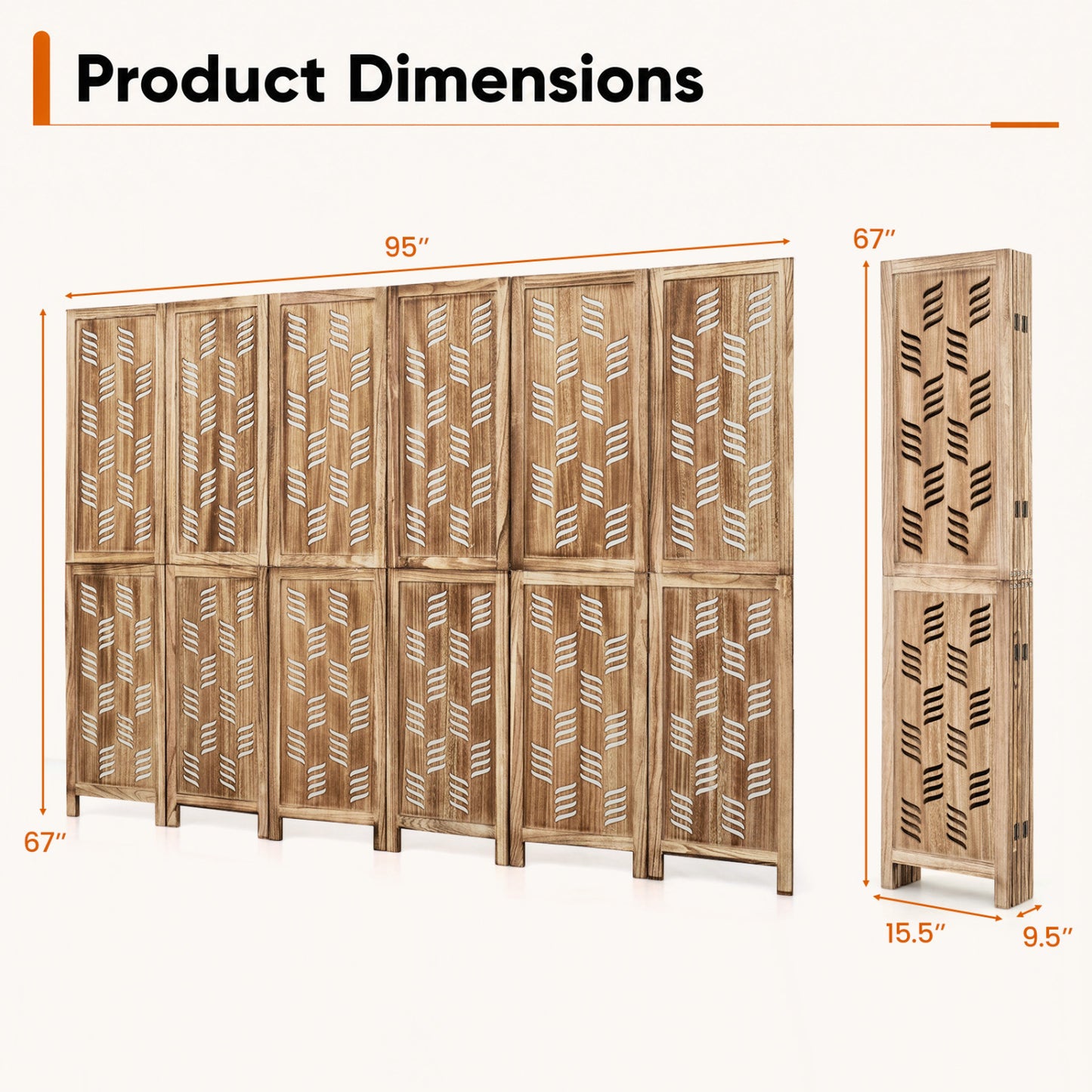 6-Panel Room Divider with Wave Cutout, 5.5 FT, Brown
