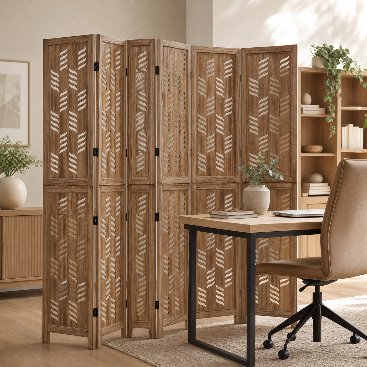 6-Panel Room Divider with Wave Cutout, 5.5 FT, Brown