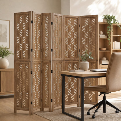 6-Panel Room Divider with Wave Cutout, 5.5 FT, Brown