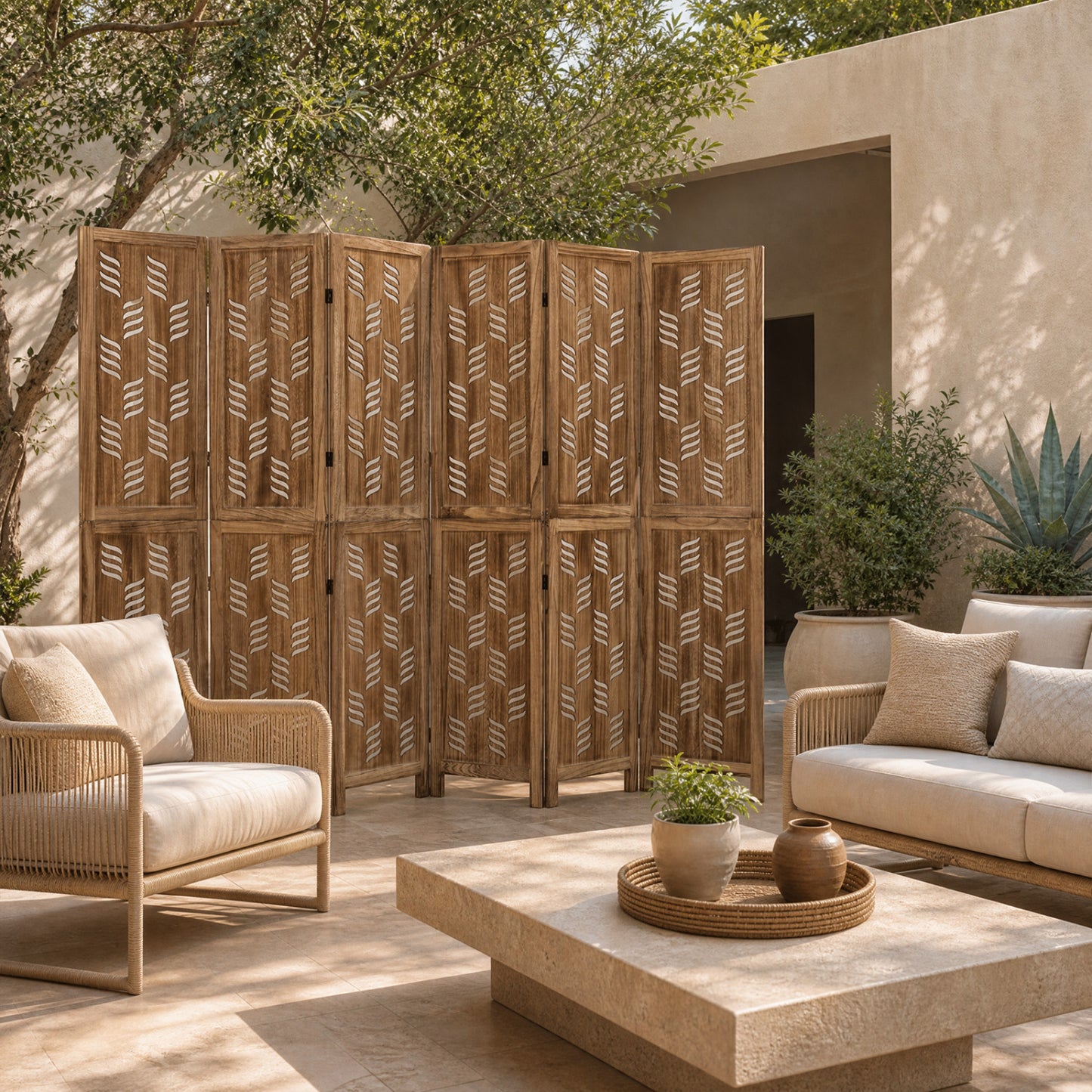 6-Panel Room Divider with Wave Cutout, 5.5 FT, Brown