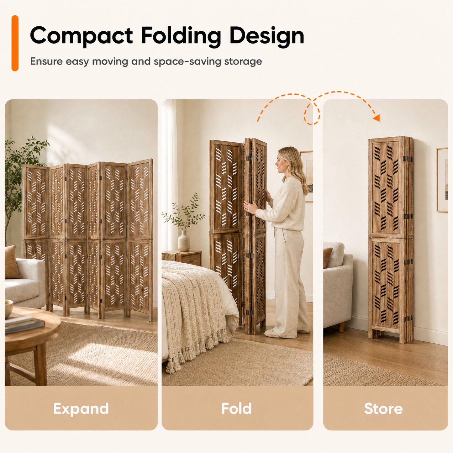 6-Panel Room Divider with Wave Cutout, 5.5 FT, Brown