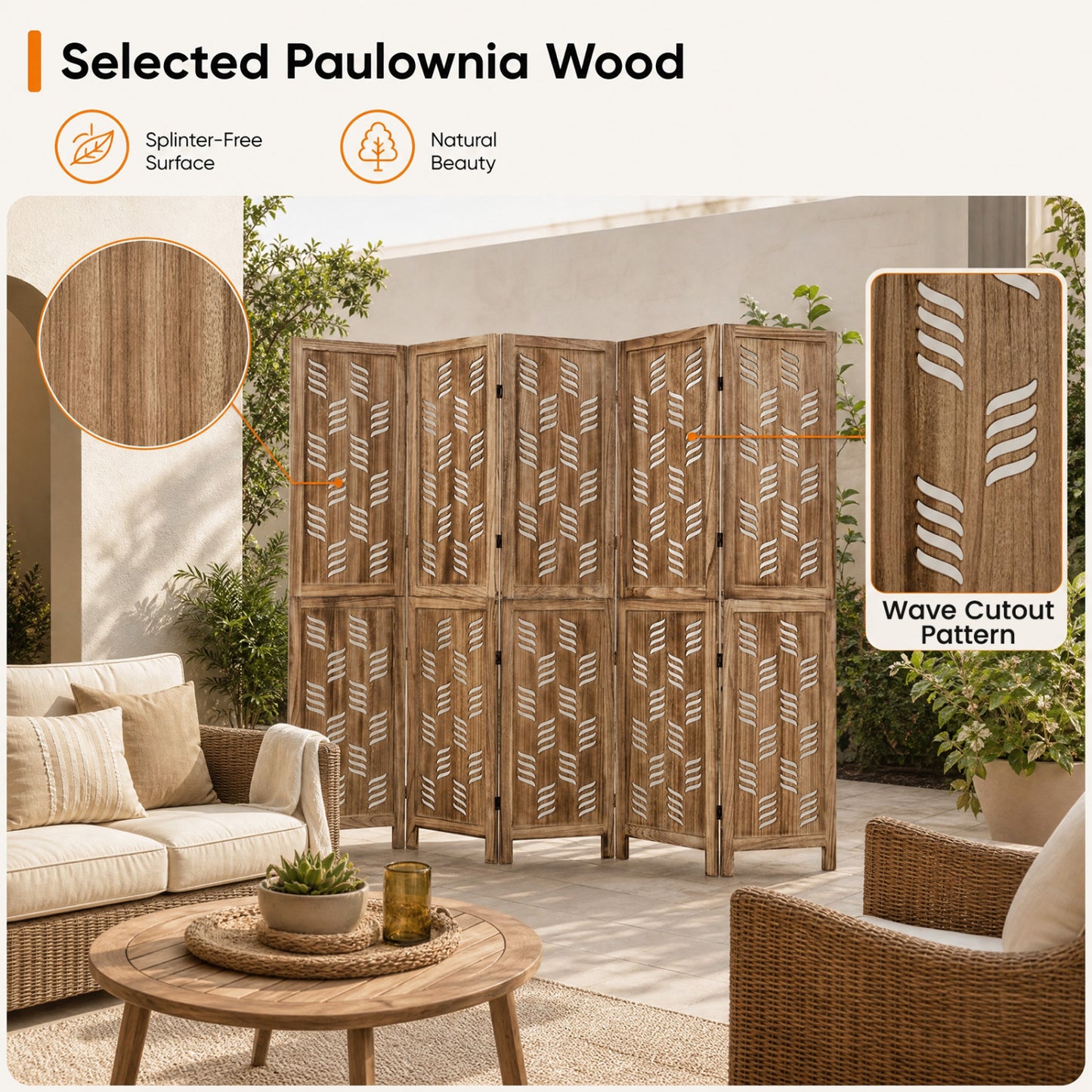 6-Panel Room Divider with Wave Cutout, 5.5 FT, Brown