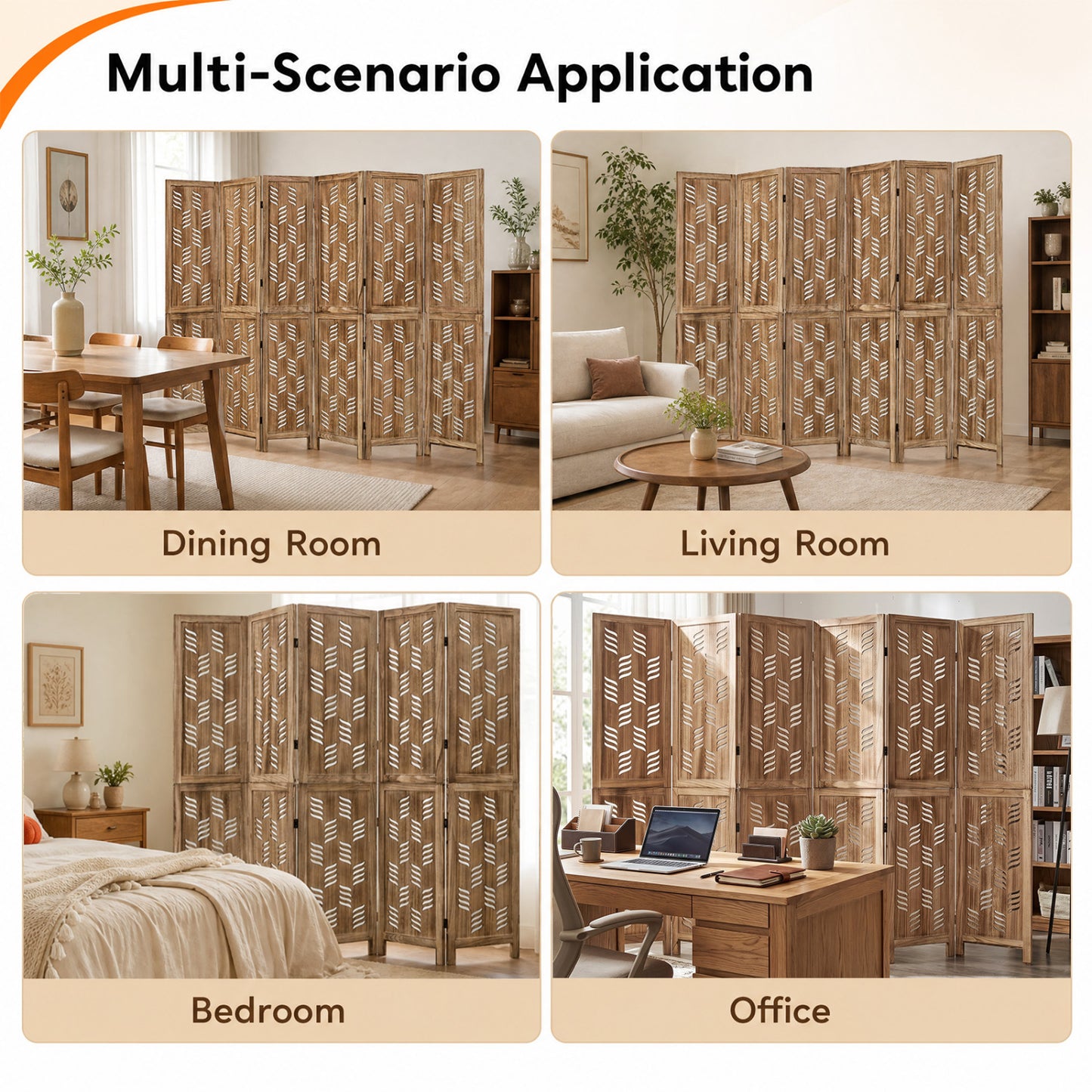 6-Panel Room Divider with Wave Cutout, 5.5 FT, Brown