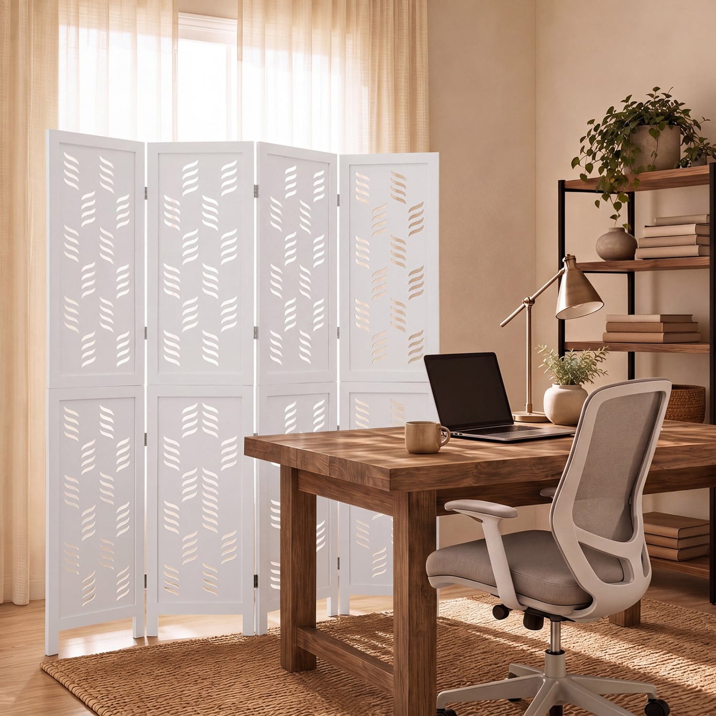 5.5 FT Room Divider, 4 Panels, Wave Cutout, White