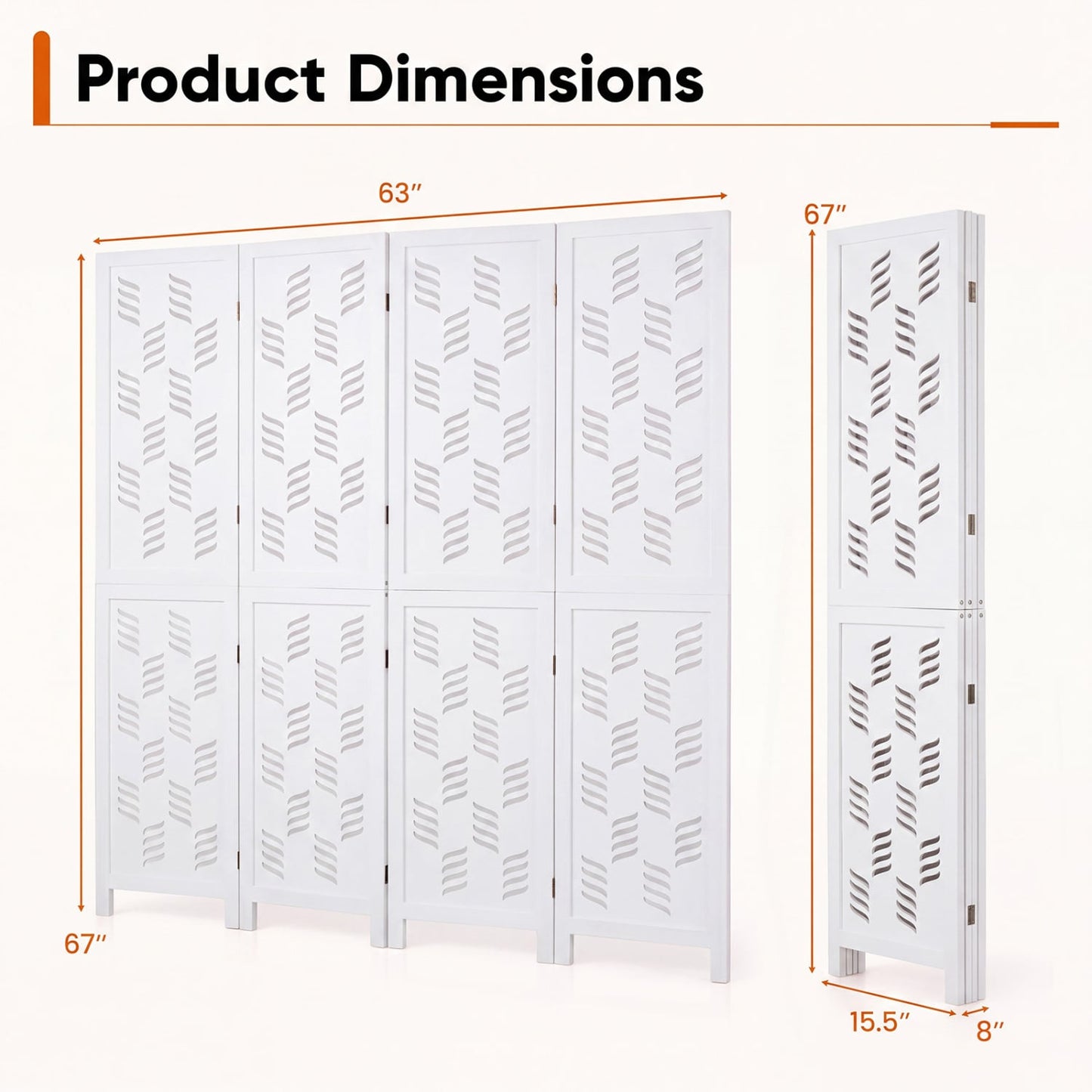 5.5 FT Room Divider, 4 Panels, Wave Cutout, White