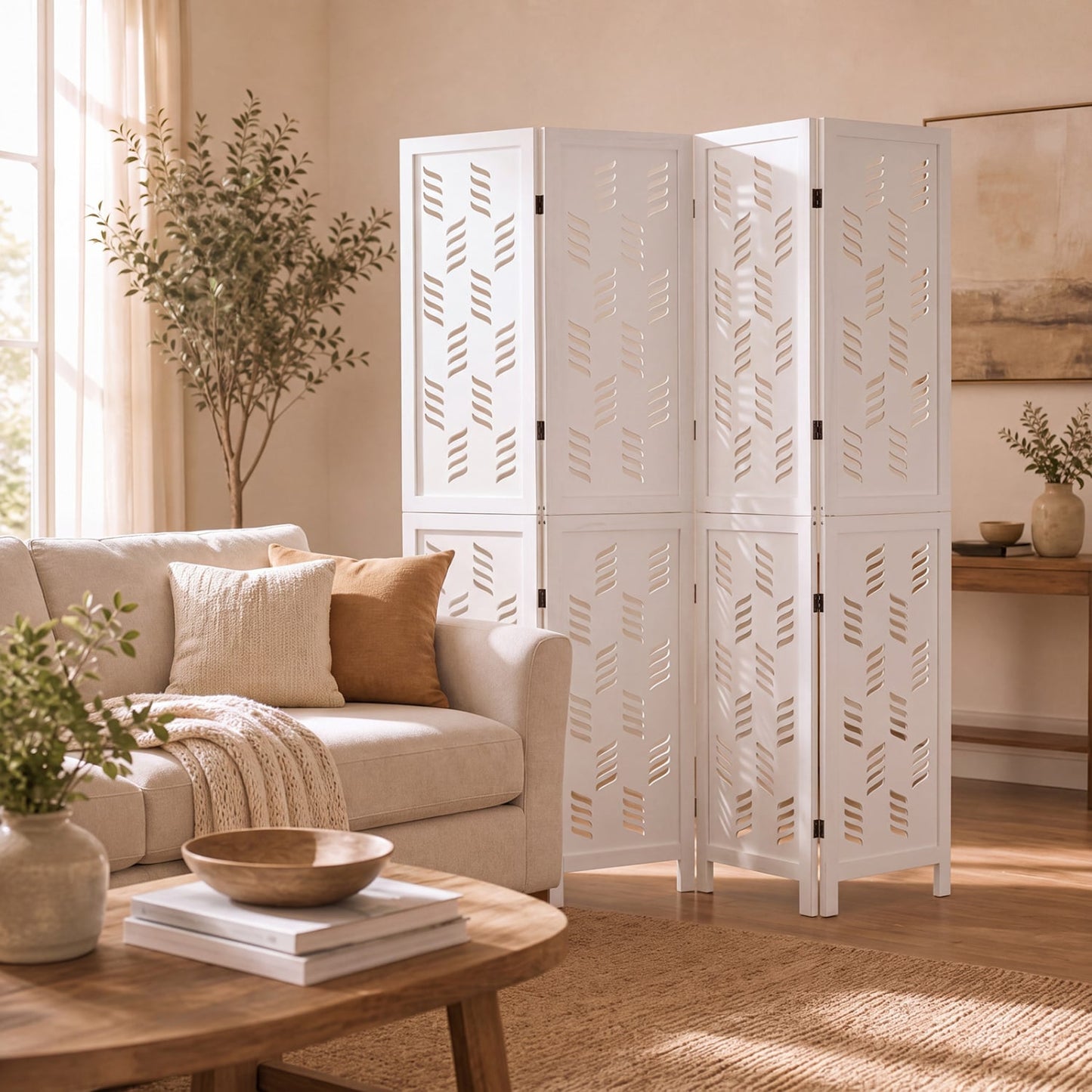 5.5 FT Room Divider, 4 Panels, Wave Cutout, White