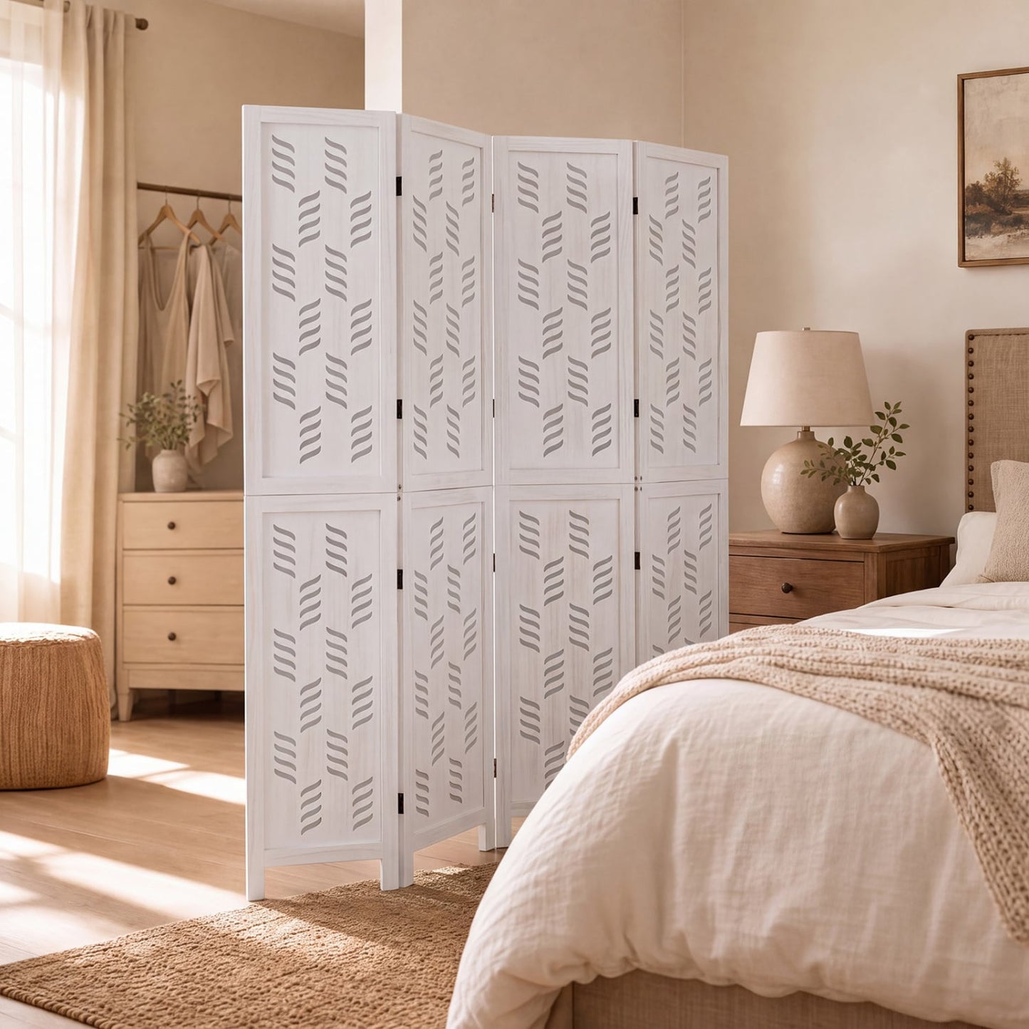 5.5 FT Room Divider, 4 Panels, Wave Cutout, White
