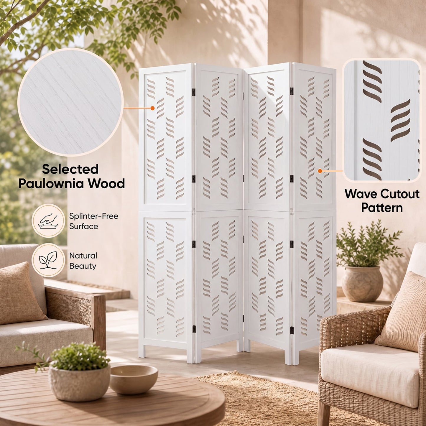 5.5 FT Room Divider, 4 Panels, Wave Cutout, White