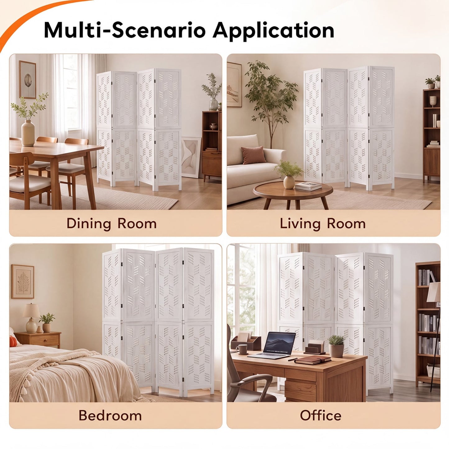 5.5 FT Room Divider, 4 Panels, Wave Cutout, White