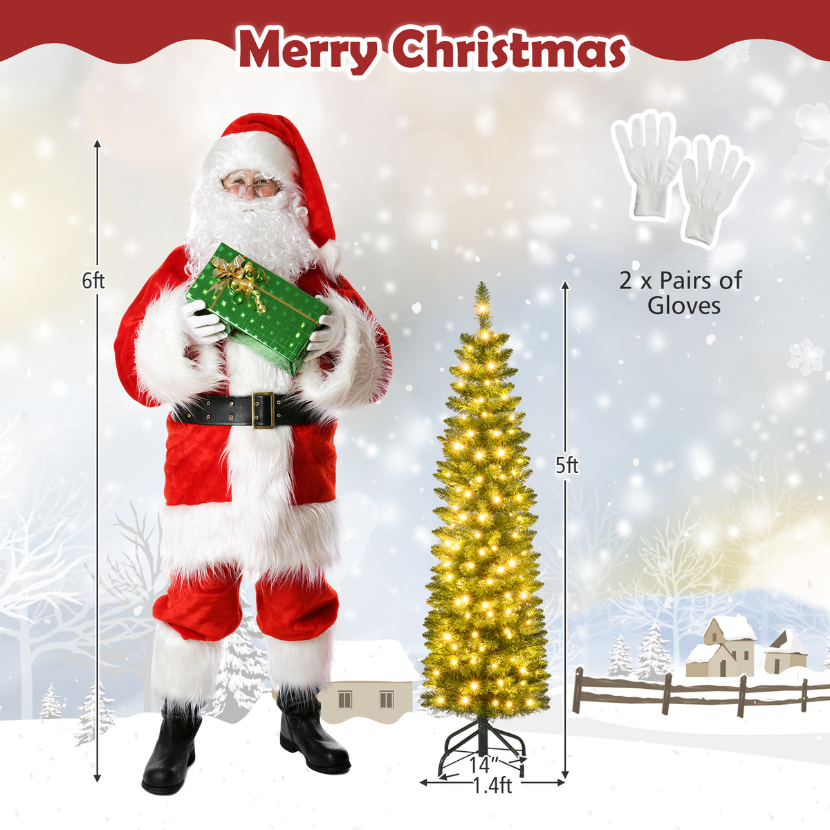 5 Ft Pre-Lit Pencil Artificial Christmas Tree, 150 Warm White LED Lights, Green Christmas Tree at Gallery Canada