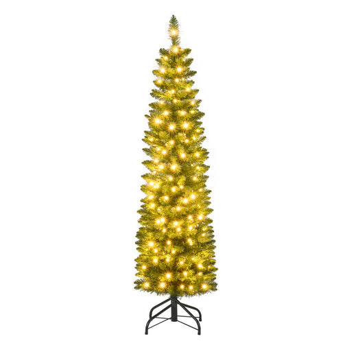 5 Ft Pre-Lit Pencil Artificial Christmas Tree, 150 Warm White LED Lights, Green