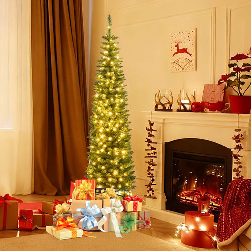 Pre-Lit Pencil Artificial Christmas Tree, 6 ft, Warm White LED Lights, Green