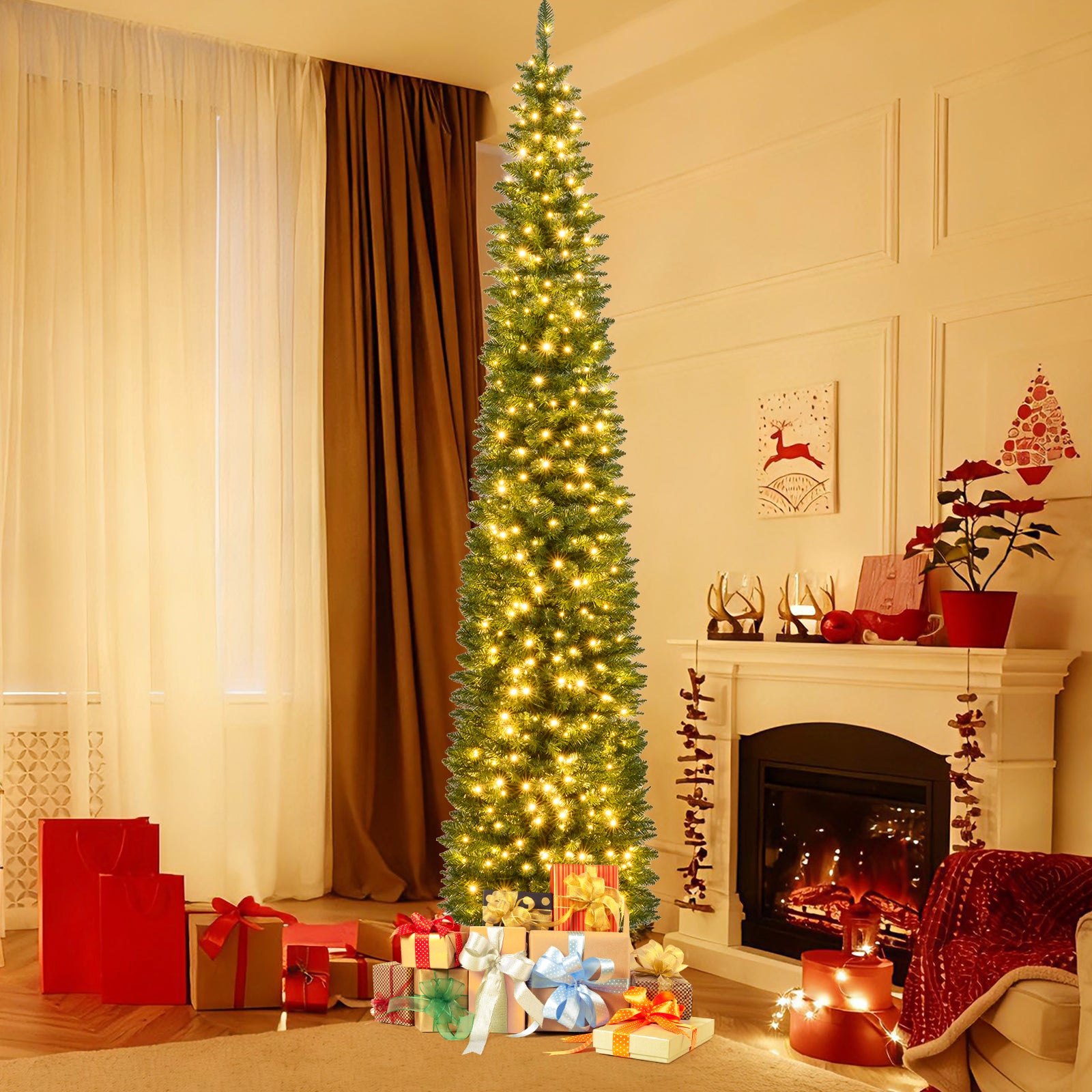 Pre-Lit Pencil Artificial Christmas Tree, 9 ft, 400 Warm White LED Lights, Green Christmas Tree at Gallery Canada