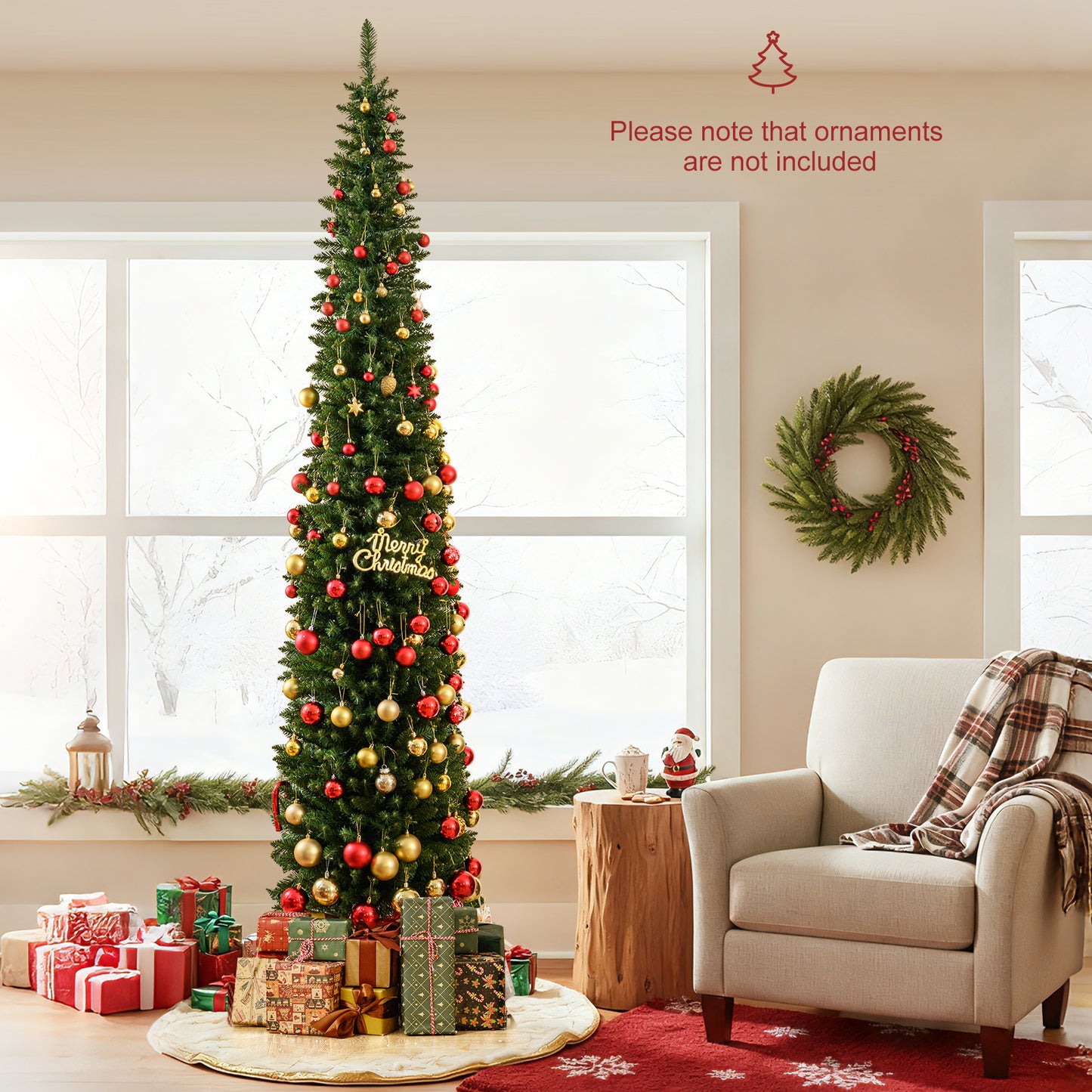 Pre-Lit Pencil Artificial Christmas Tree, 9 ft, 400 Warm White LED Lights, Green Christmas Tree at Gallery Canada