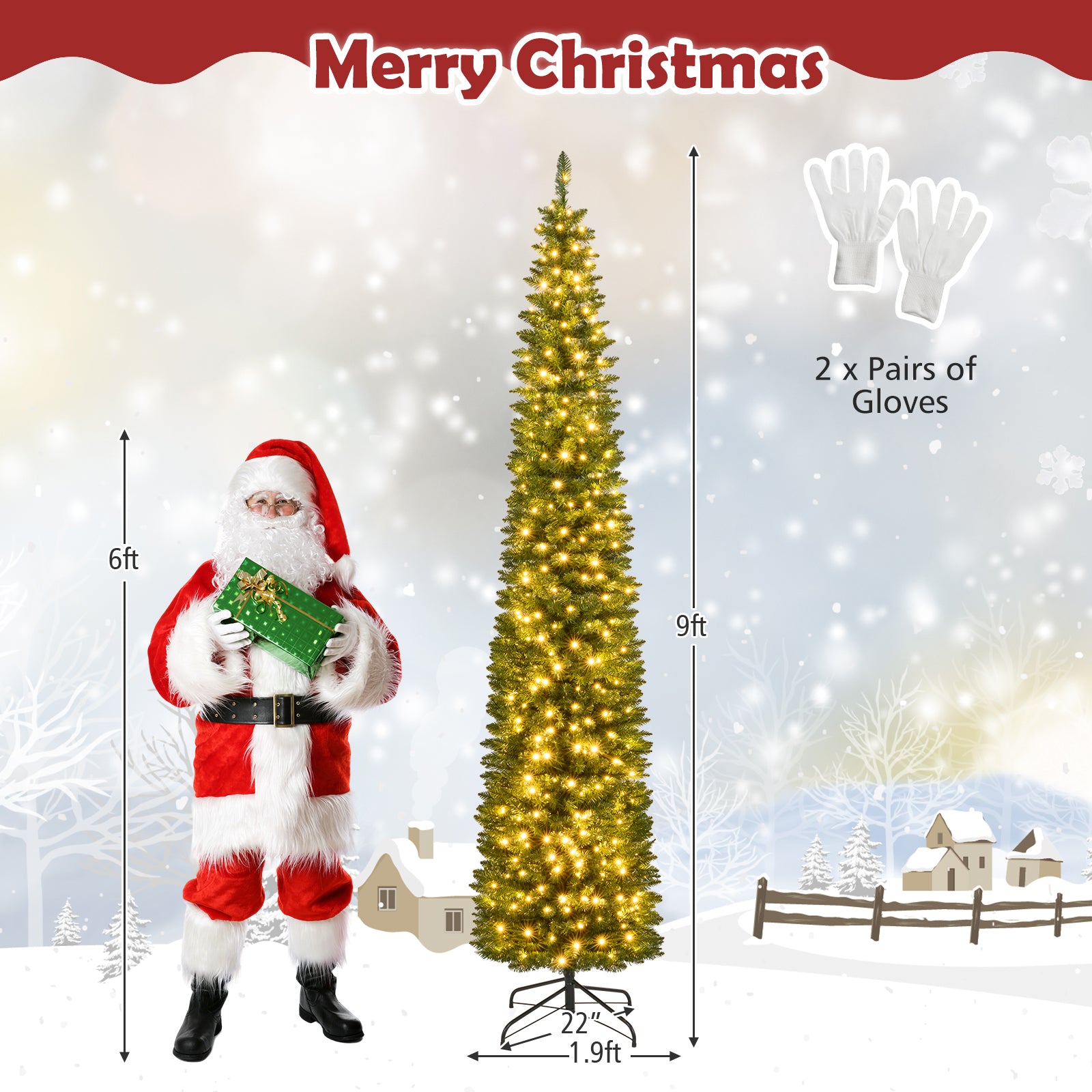 Pre-Lit Pencil Artificial Christmas Tree, 9 ft, 400 Warm White LED Lights, Green Christmas Tree at Gallery Canada