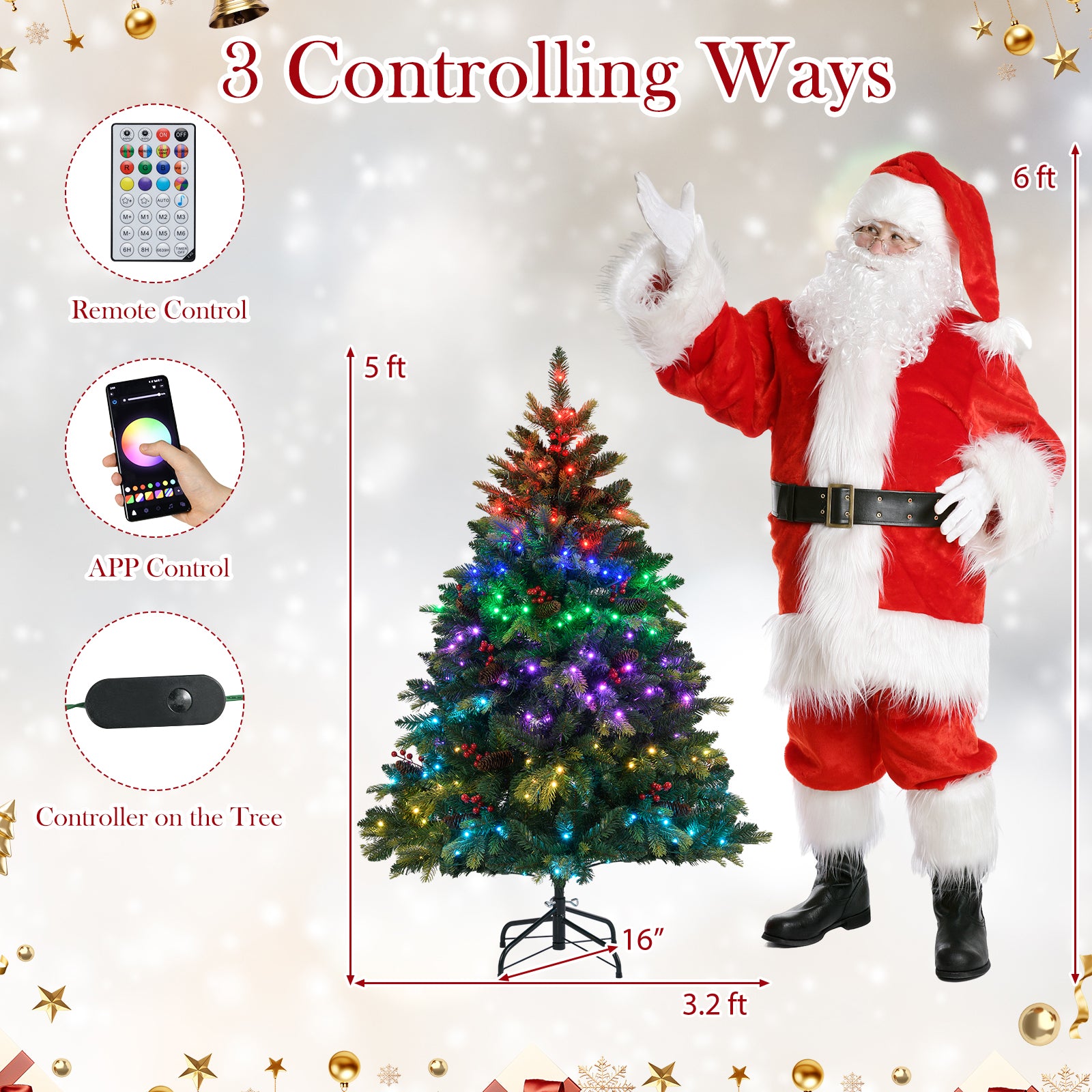 5/6/7/8 FT Artificial Christmas Tree with LED Lights and Remote APP Control-5 FT, Green Christmas Tree at Gallery Canada