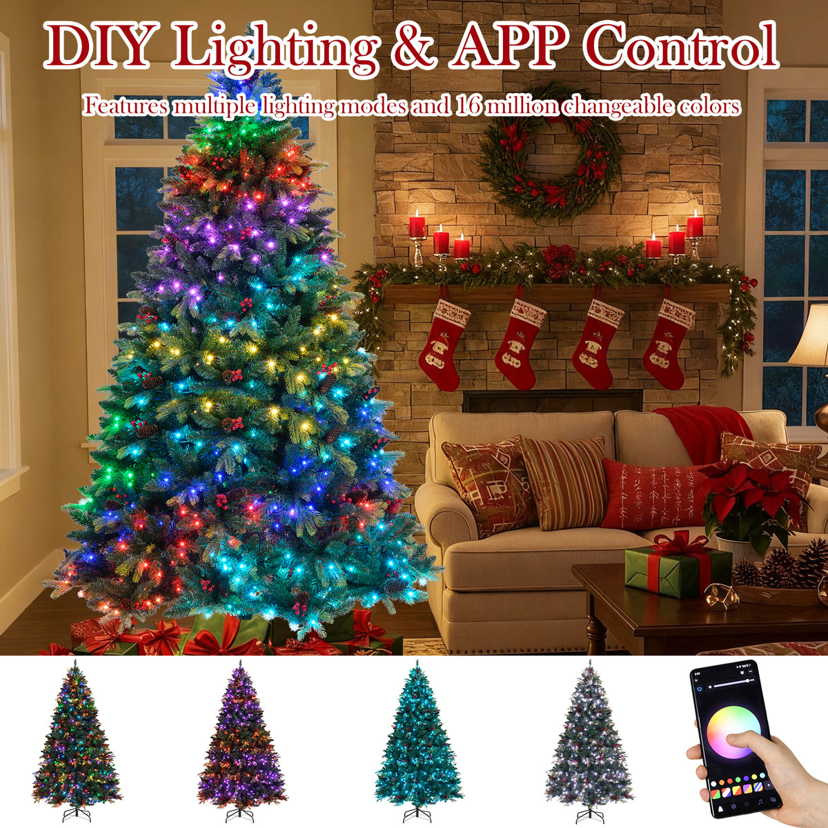 5/6/7/8 FT Artificial Christmas Tree with LED Lights and Remote APP Control-8 ft, Green Christmas Tree at Gallery Canada