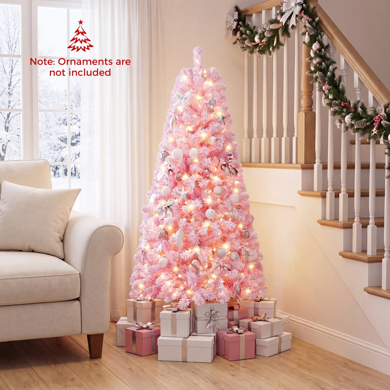 Flocked Fir Christmas Tree with Warm White LED Lights, 5ft, Pink Christmas Tree at Gallery Canada