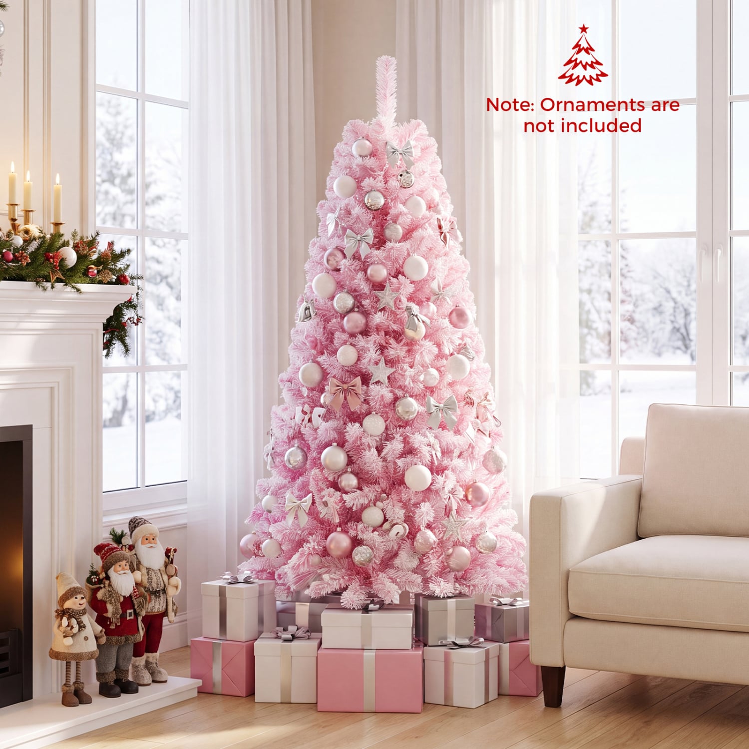 Flocked Fir Christmas Tree with Warm White LED Lights, 6ft, Pink Christmas Tree at Gallery Canada