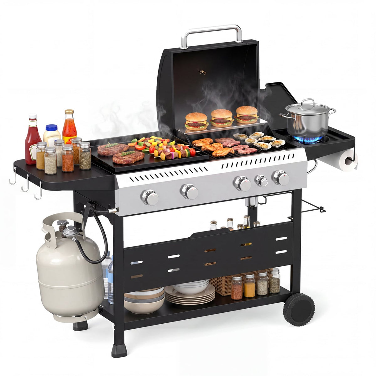 5-Burner Propane Gas Grill Griddle Combo, Black Outdoor Grills at Gallery Canada