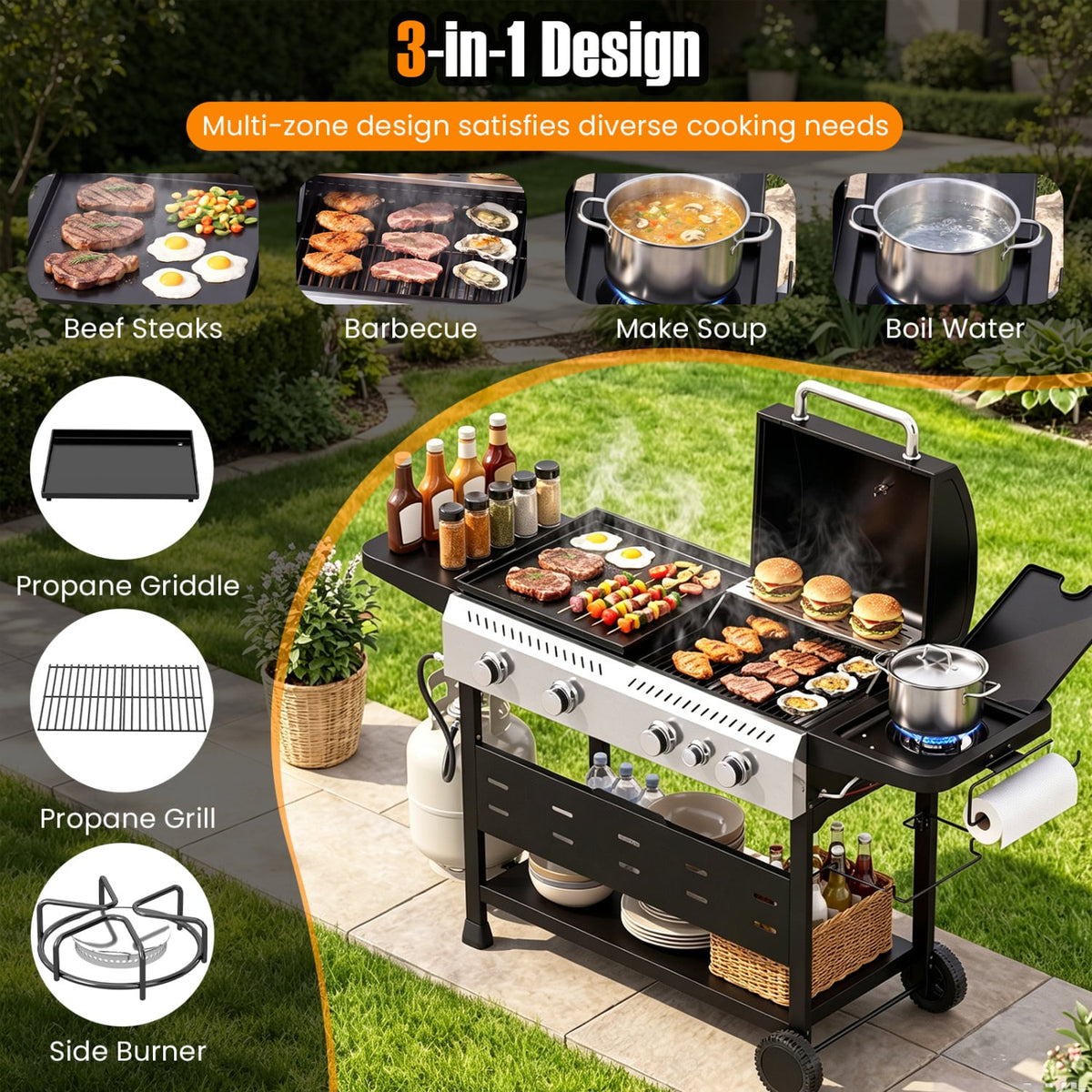 5-Burner Propane Gas Grill Griddle Combo, Black Outdoor Grills at Gallery Canada