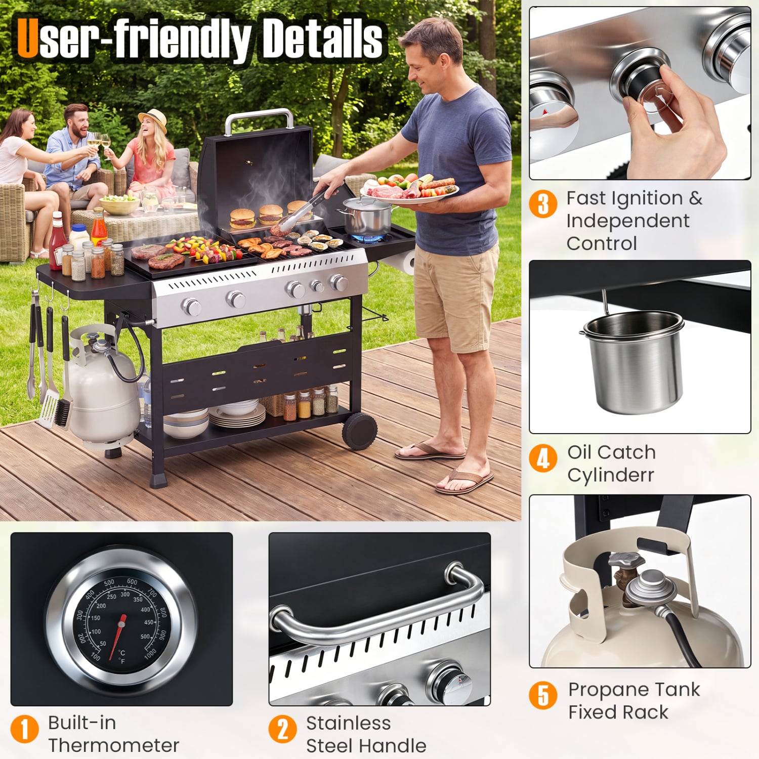 5-Burner Propane Gas Grill Griddle Combo, Black Outdoor Grills at Gallery Canada