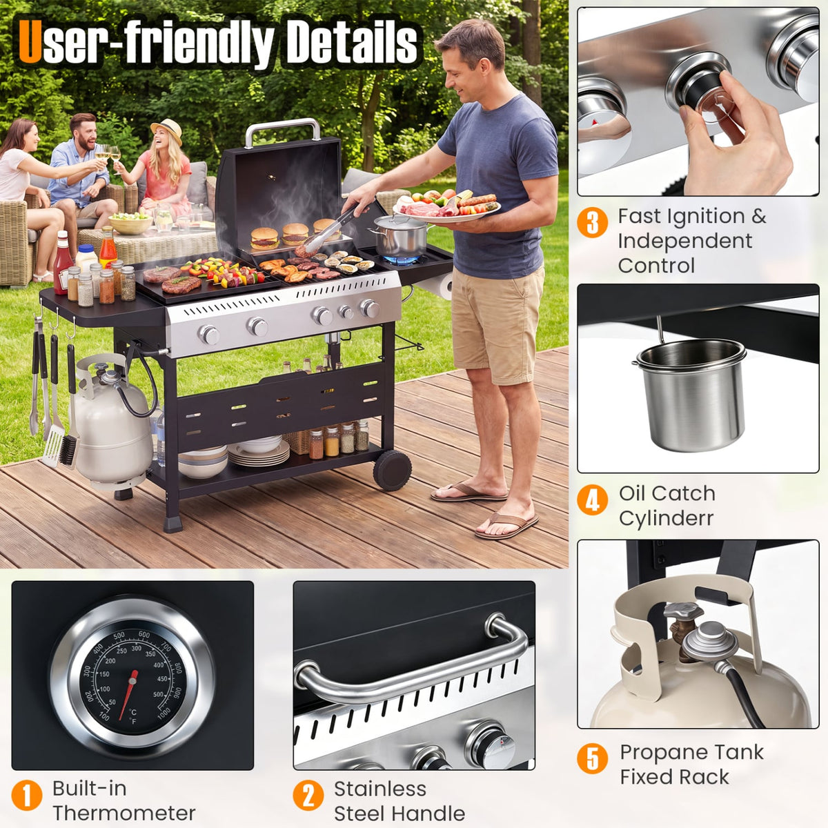 5-Burner Propane Gas Grill Griddle Combo, Black Outdoor Grills at Gallery Canada