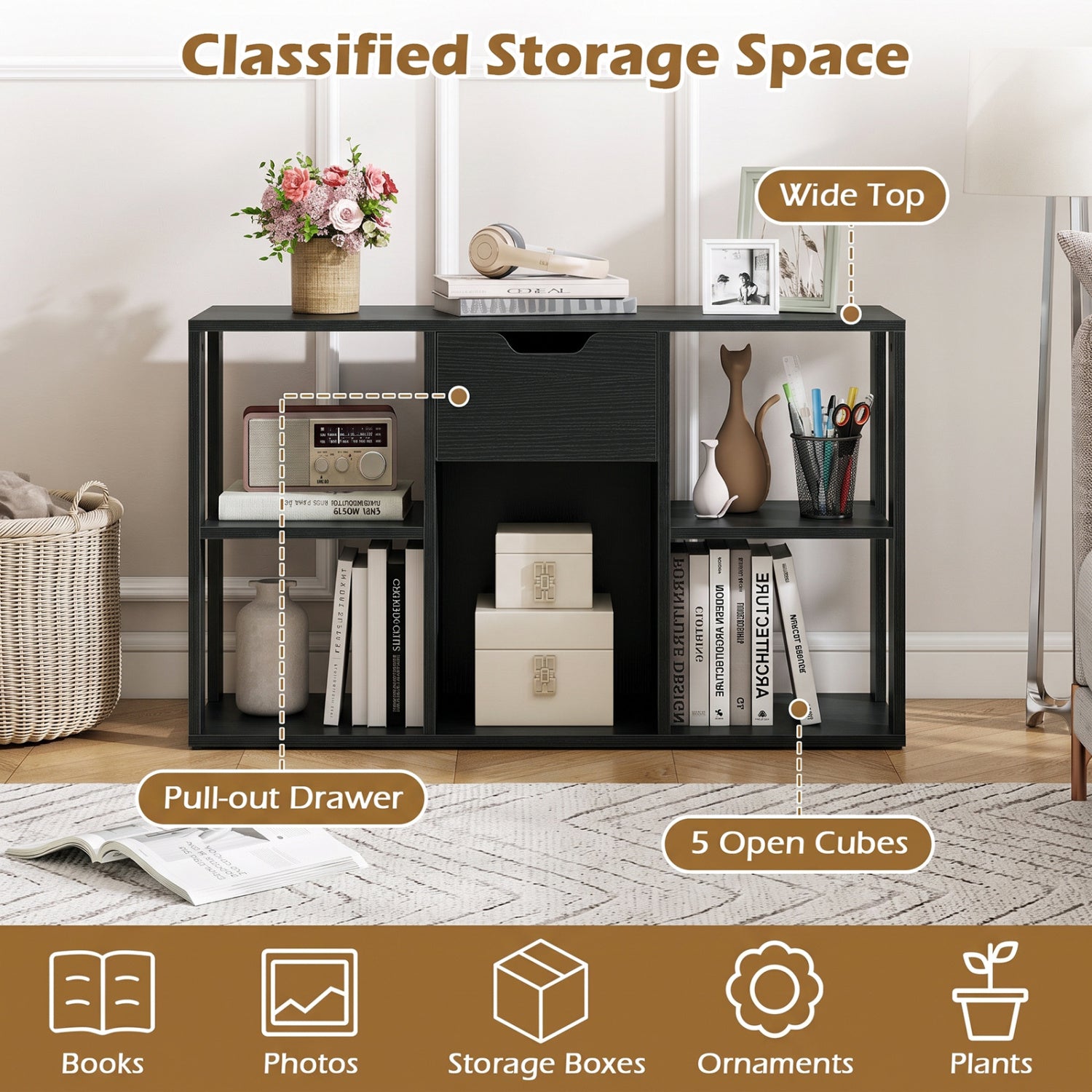 5-Cube Bookcase with Drawer, Black Bookcases at Gallery Canada