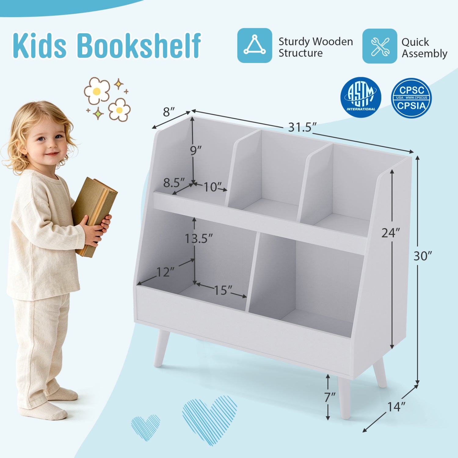 5-Cube Kids Bookshelf & Toy Organizer, Light Gray Kids Storage at Gallery Canada