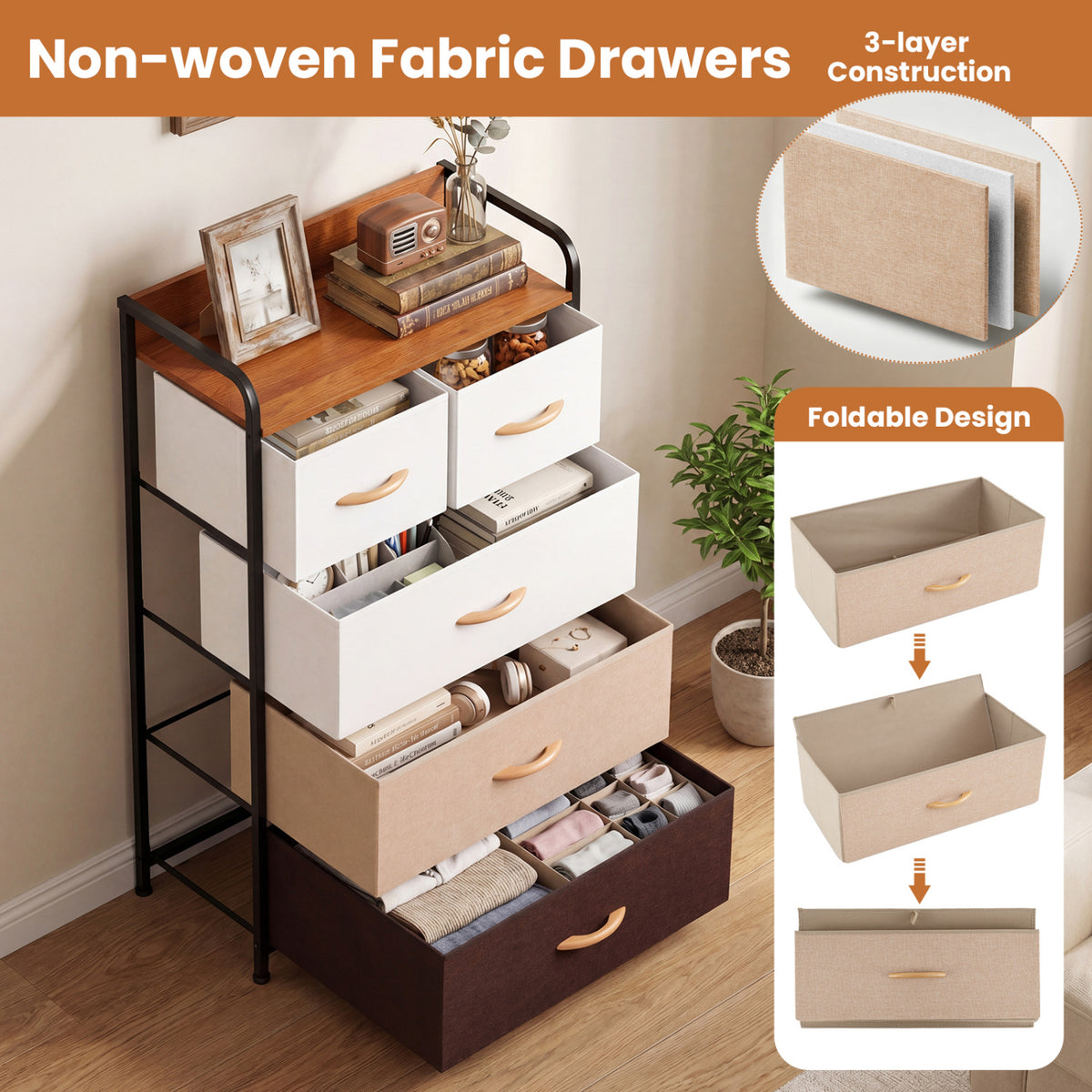 5-Drawer Fabric Dresser with Removable Fabric Bins, Multicolor Cabinets & Chests at Gallery Canada