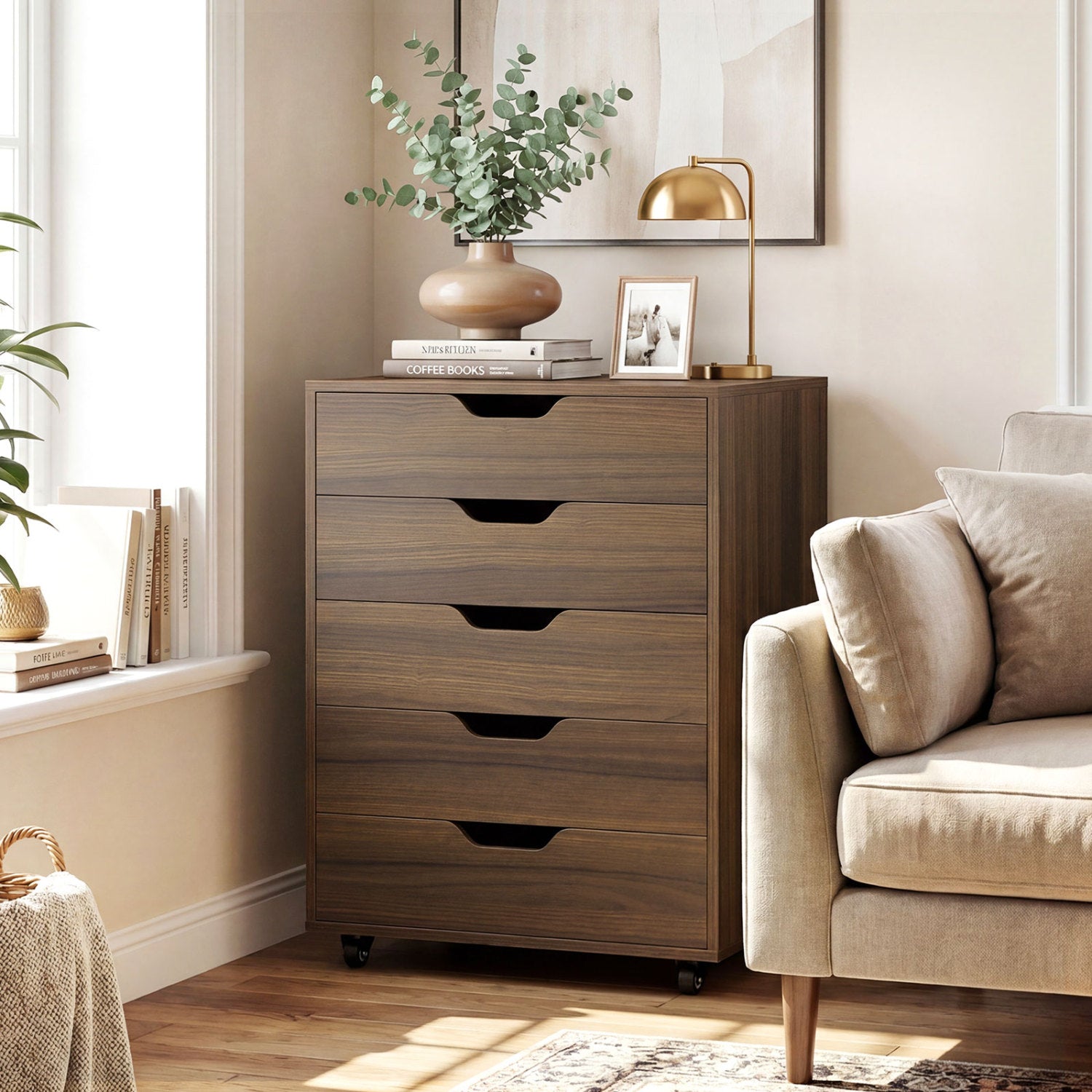 5 Drawer Mobile File Cabinet with Wheels for Living Room, Walnut File Cabinets at Gallery Canada