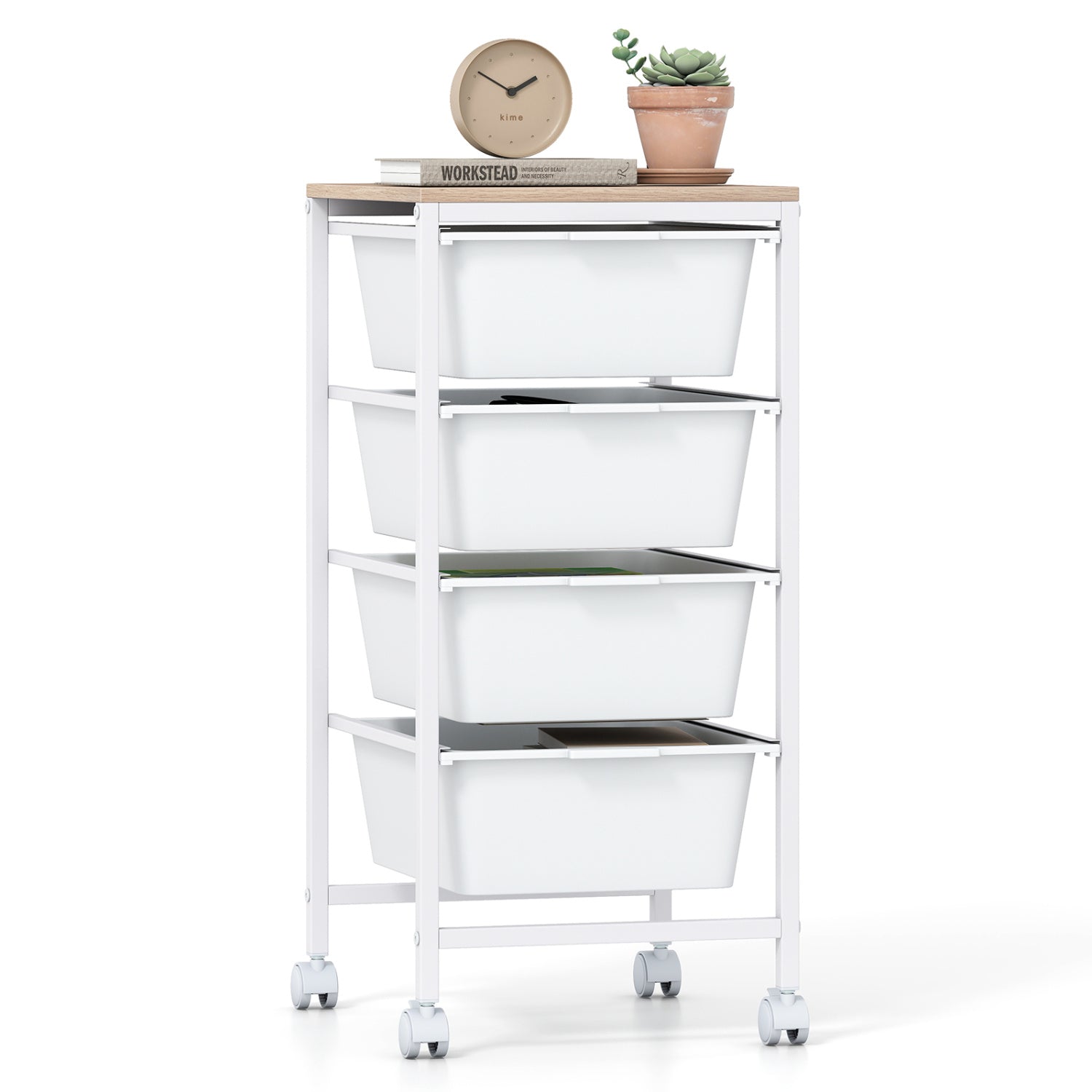 5-Drawer Rolling Storage Cart Mobile Utility Organizer with Wooden Tabletop and Lockable Wheels, White File Cabinets at Gallery Canada