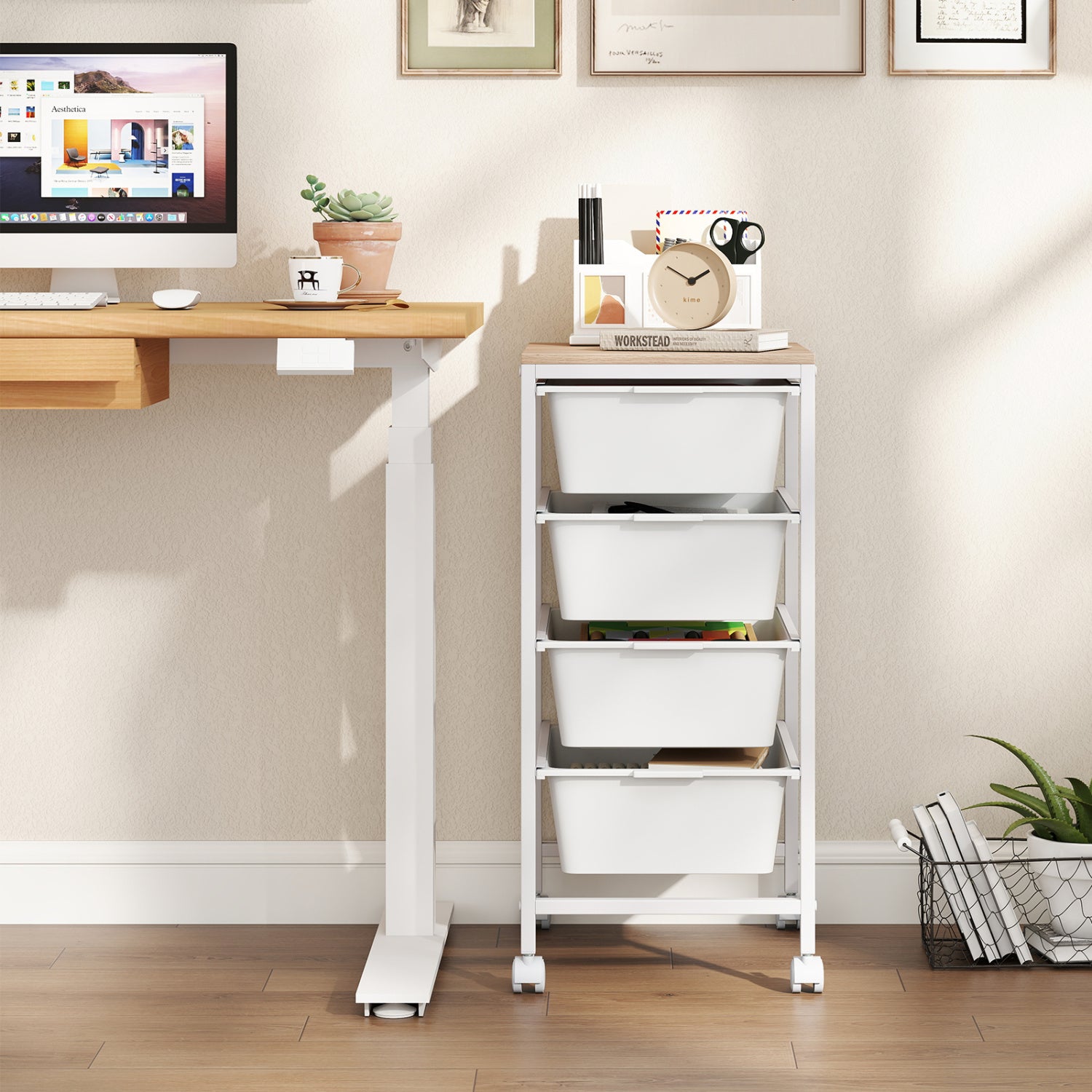 5-Drawer Rolling Storage Cart Mobile Utility Organizer with Wooden Tabletop and Lockable Wheels, White File Cabinets at Gallery Canada