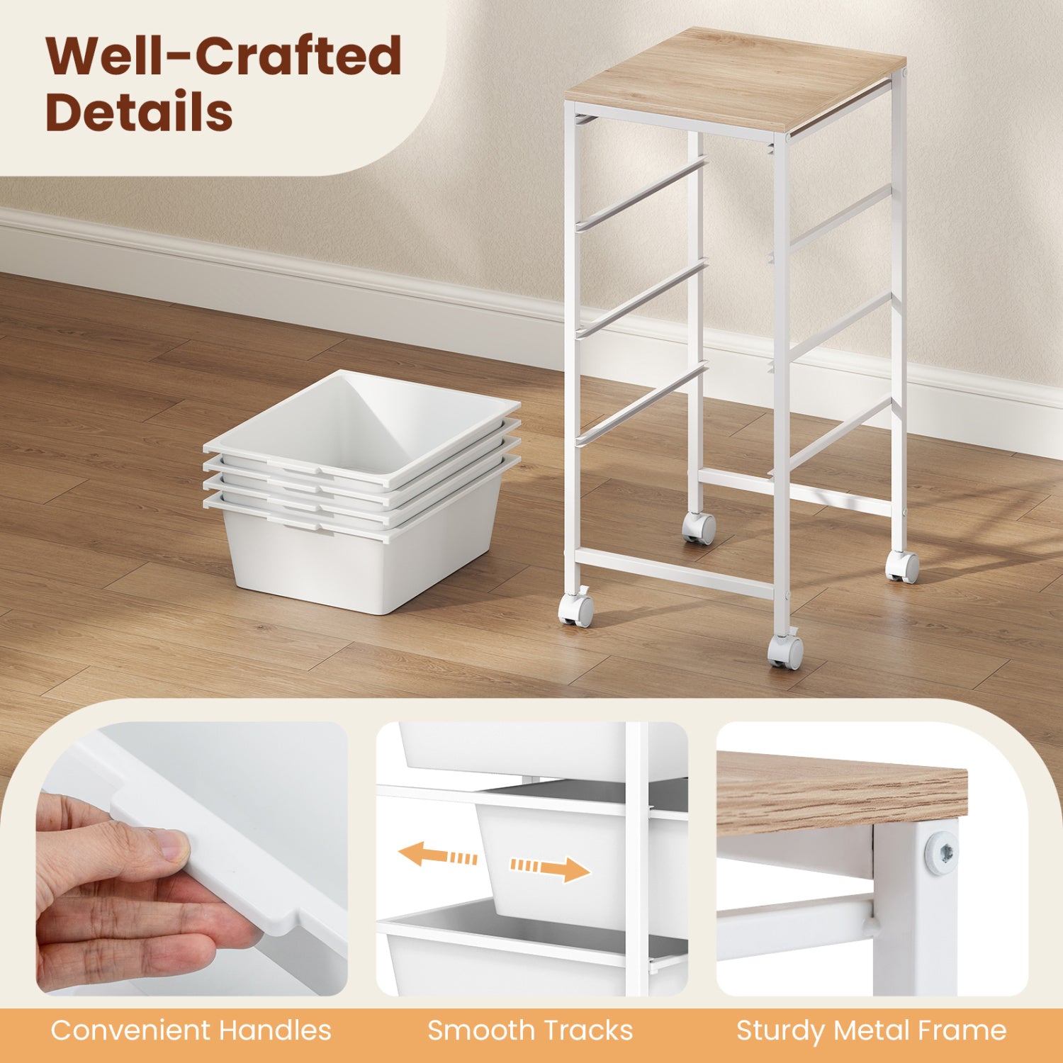 5-Drawer Rolling Storage Cart Mobile Utility Organizer with Wooden Tabletop and Lockable Wheels, White File Cabinets at Gallery Canada