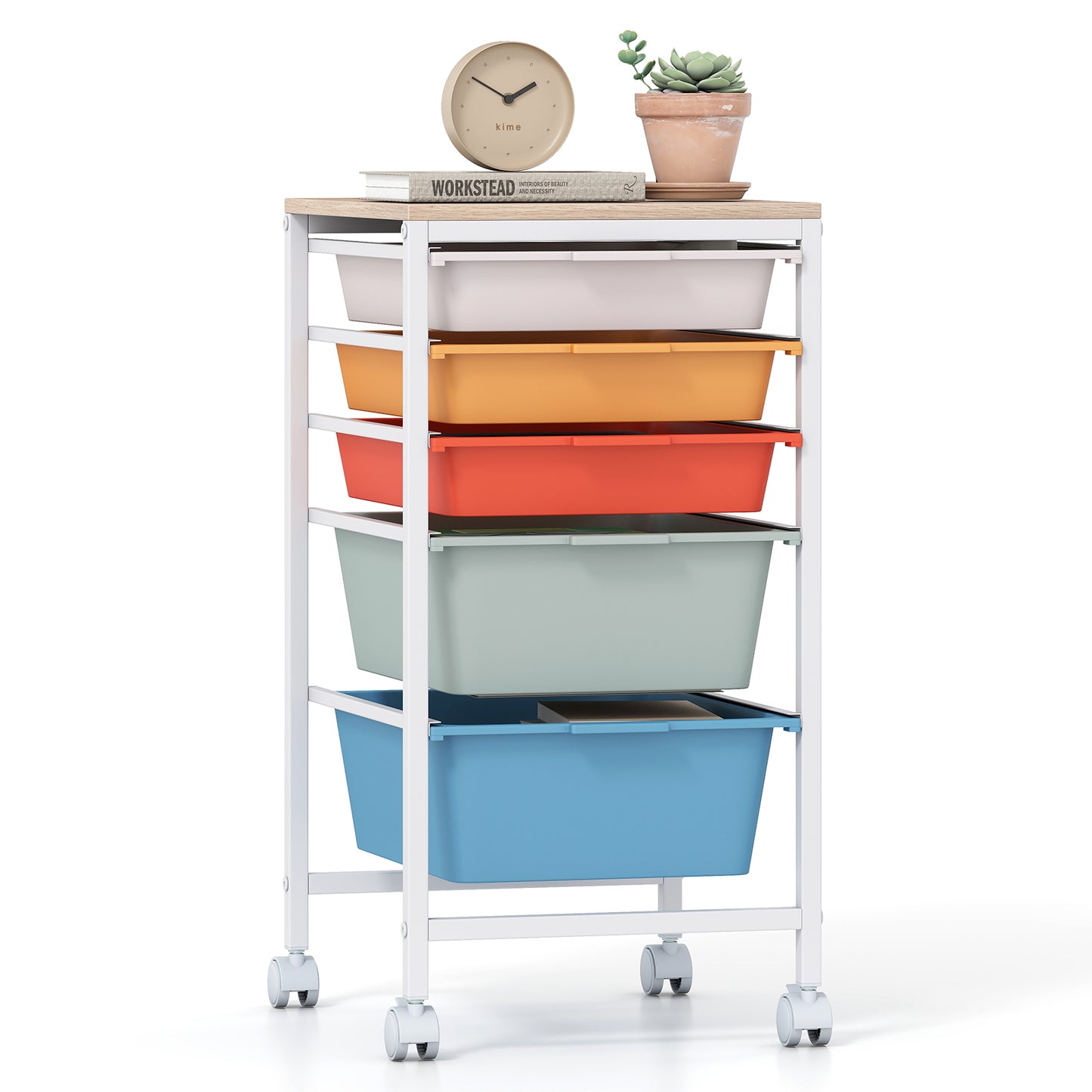 5-Drawer Rolling Storage Cart, Mobile Organizer, Wooden Tabletop, Lockable Wheels, Macaron File Cabinets at Gallery Canada