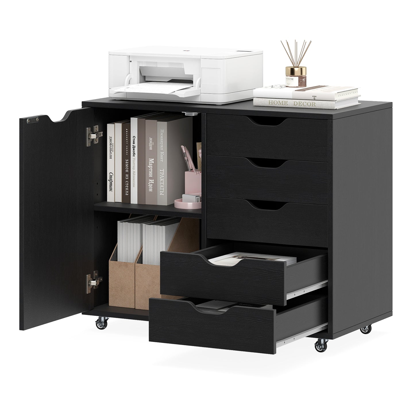 5-Drawer Rolling Storage Cart With Side Cabinet, Black File Cabinets at Gallery Canada