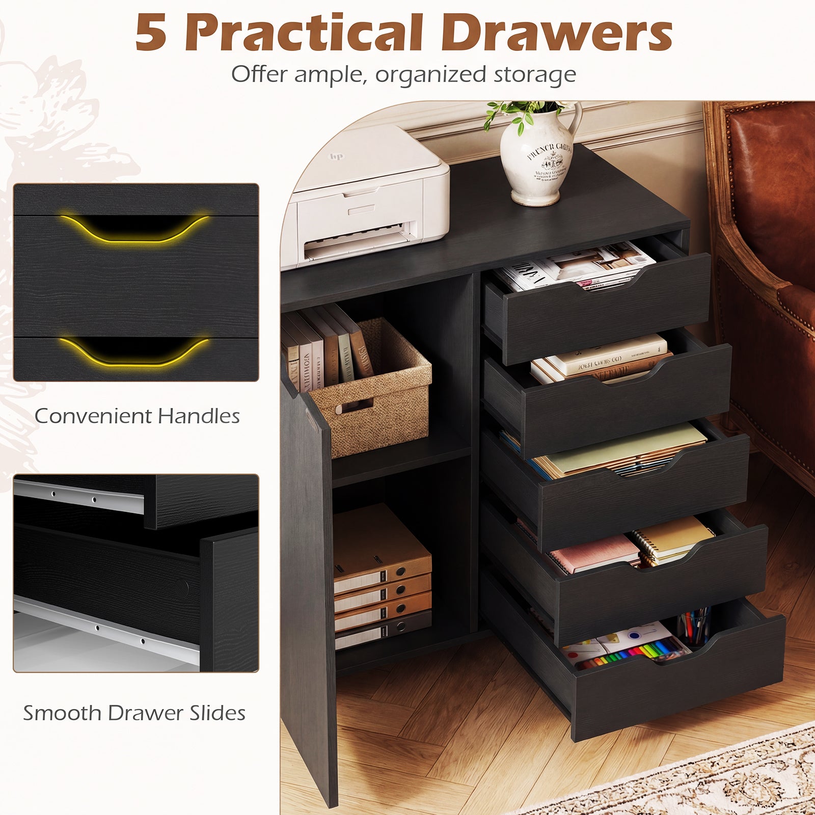 5-Drawer Rolling Storage Cart With Side Cabinet, Black File Cabinets at Gallery Canada